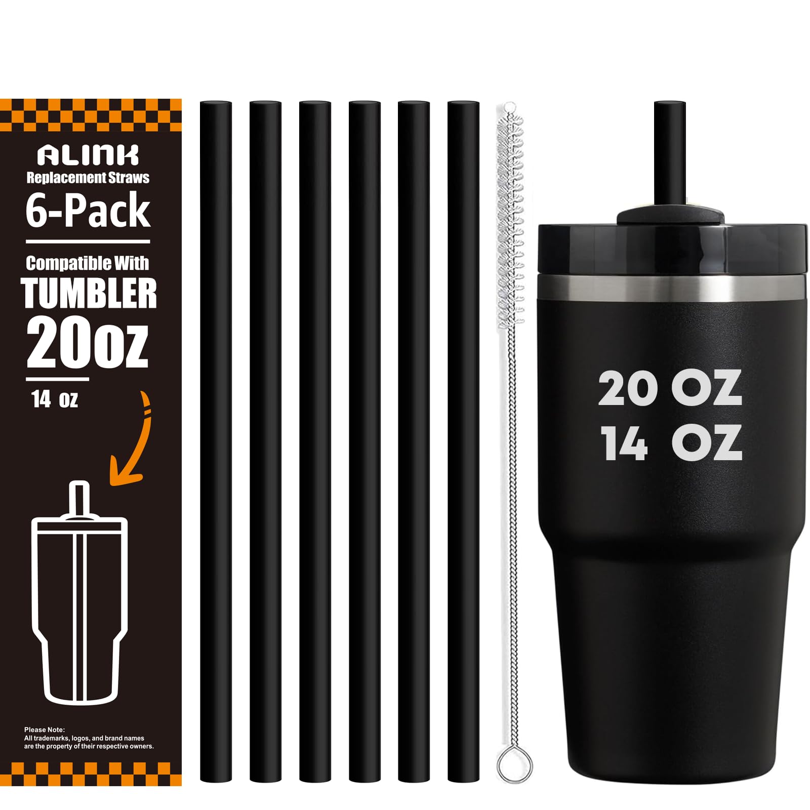 ALINK Black Replacement Straws for Stanley 20 oz Tumbler, DISHWASHER SAFE, 6 Pack Reusable Plastic Straws Compatible with 20oz Stanley Adventure Cups, Plus Brush