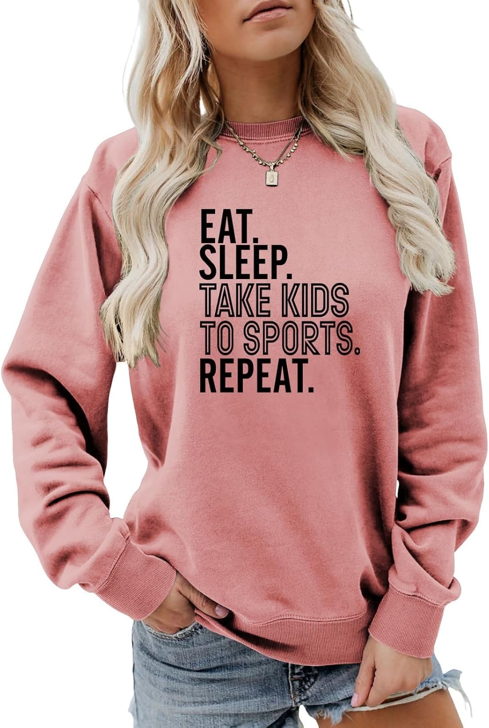 Eat Sleep Take Kids To Sports Repeat Sweatshirt Women Funny Casual Mom Shirts Long Sleeve Crewneck Sweatshirts