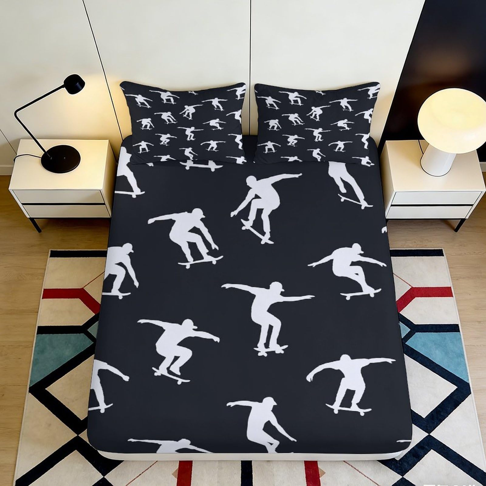 3D Printed Skateboard Silhouette Fitted Sheet Microfiber Soft Black Bed Sheet for Bedroom Dorm Mattress Protection Decor 90x200x25cm