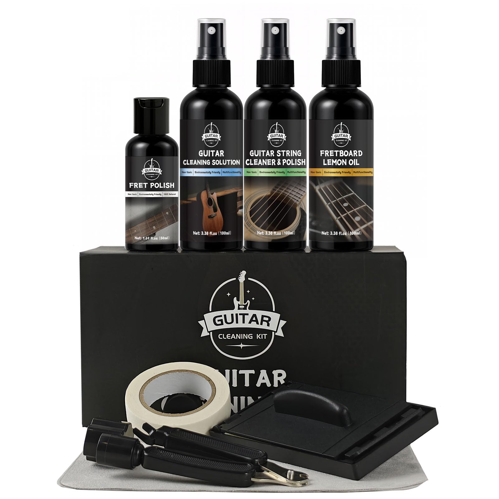 Kit de limpieza de guitarra, juego de mantenimiento profesional de 7 piezas con limpiador de guitarra, aceite de diapasón, cera de pulido, limpiador de cuerdas, cortador 3 en 1 y paño de