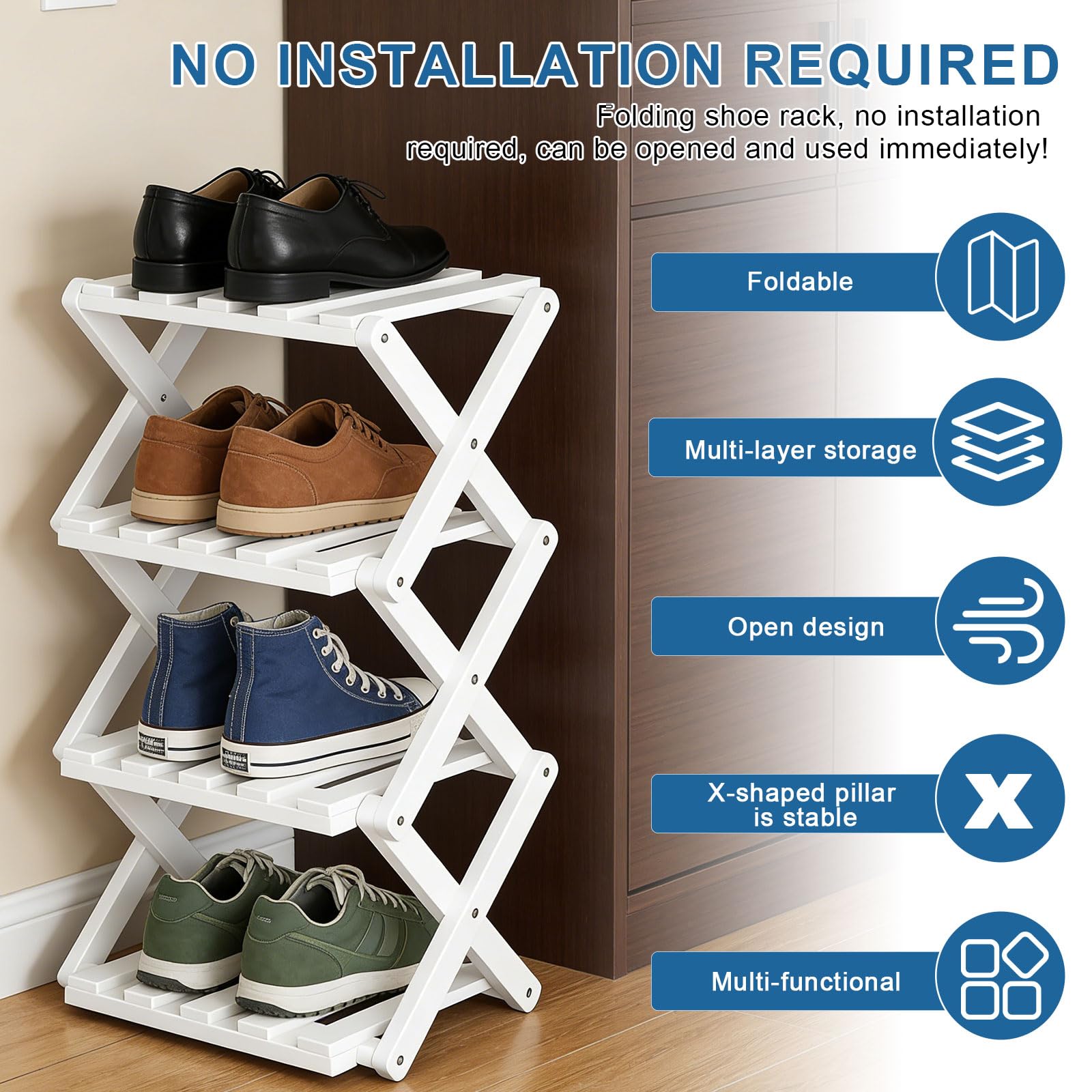 Étagère à chaussures à 4 étages - Blanc - Petit - Pliable - Peu encombrant - Pour entrée, chambre à coucher, armoire, coin salon - Sans montage