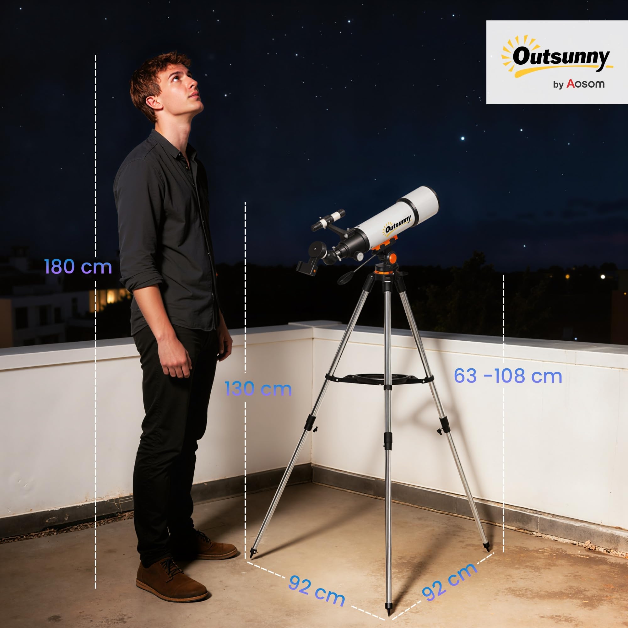 Outsunny Telescopio Astronomico con 80mm Apertura/500mm, 40X/16X Telescopio Rifrattore Portatile con Adattatore Telefono, Borsa da trasporto, Treppiede Regolabile in Altezza per Adulti, Bianco e Nero