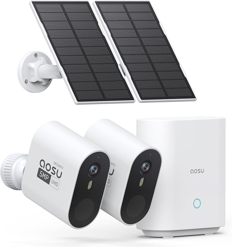 aosu 3K/5MP Solar Security Cameras Wireless Outdoor System, 2-Cam-Kit | Ultra HD, Night Vision, 166° Wide View, Cross-Camera Tracking, No Subscription Required, Spotlight & Siren Alarm
