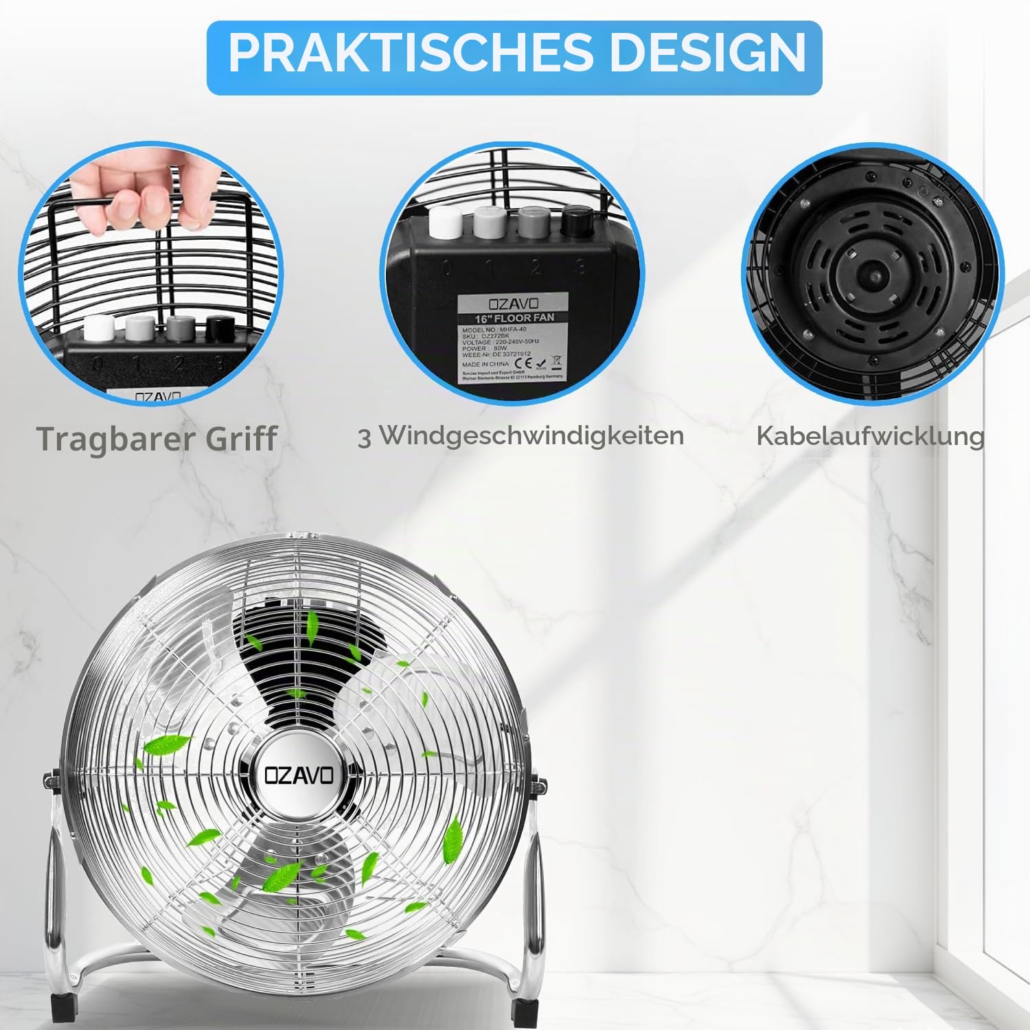 Standventilator, Windmaschine ⌀45 cm mit 3 Laufgeschwindigkeiten, Bodenventilator Power, Tischventilator Metall, Luftkühler, verstellbare Neigungswinkel, 80 W