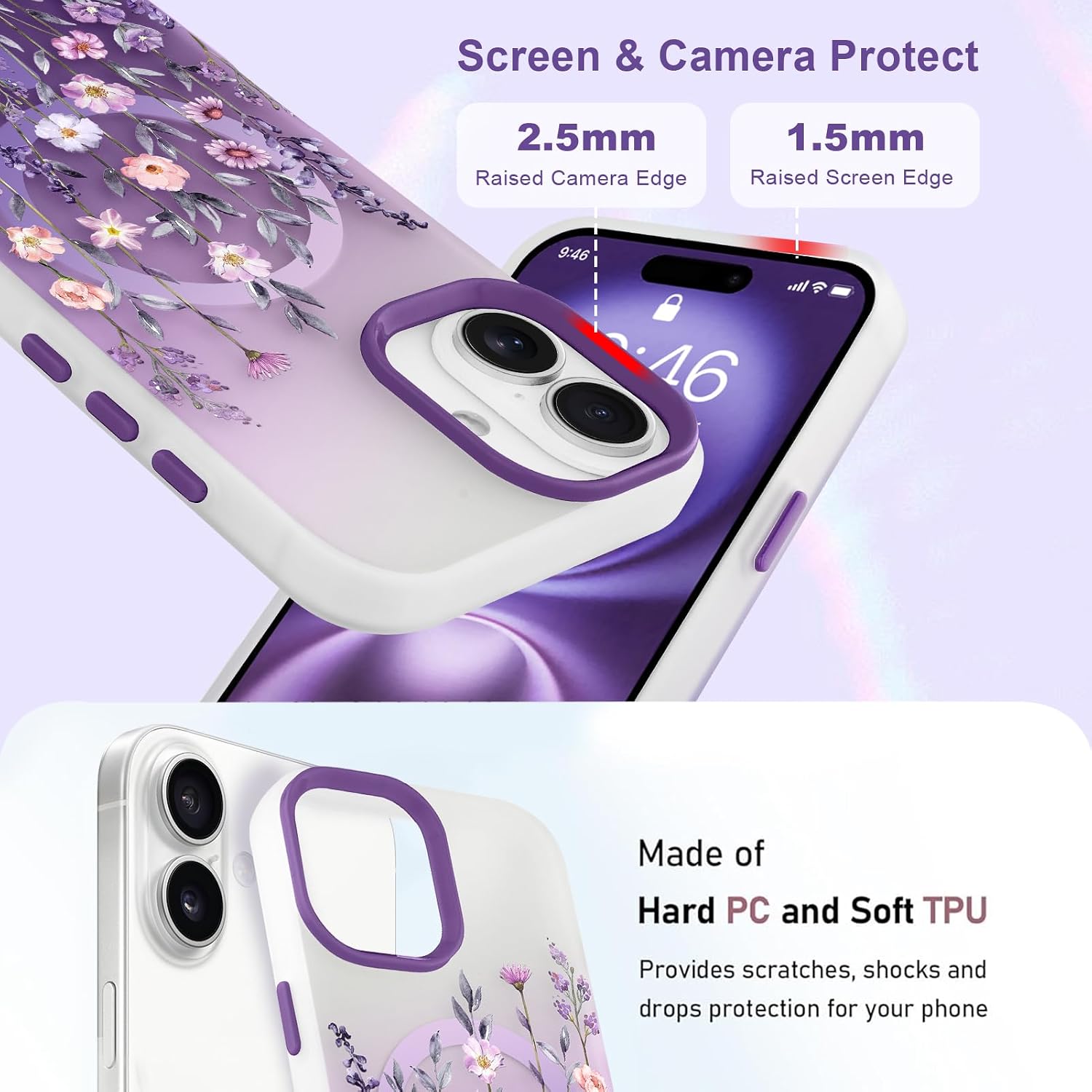 Magnetic for iPhone 16 Plus Case [Compatible with MagSafe] Pretty Gradient Flower Floral Pattern Design, Slim Shockproof Jelly Cover for Women Girls, Purple