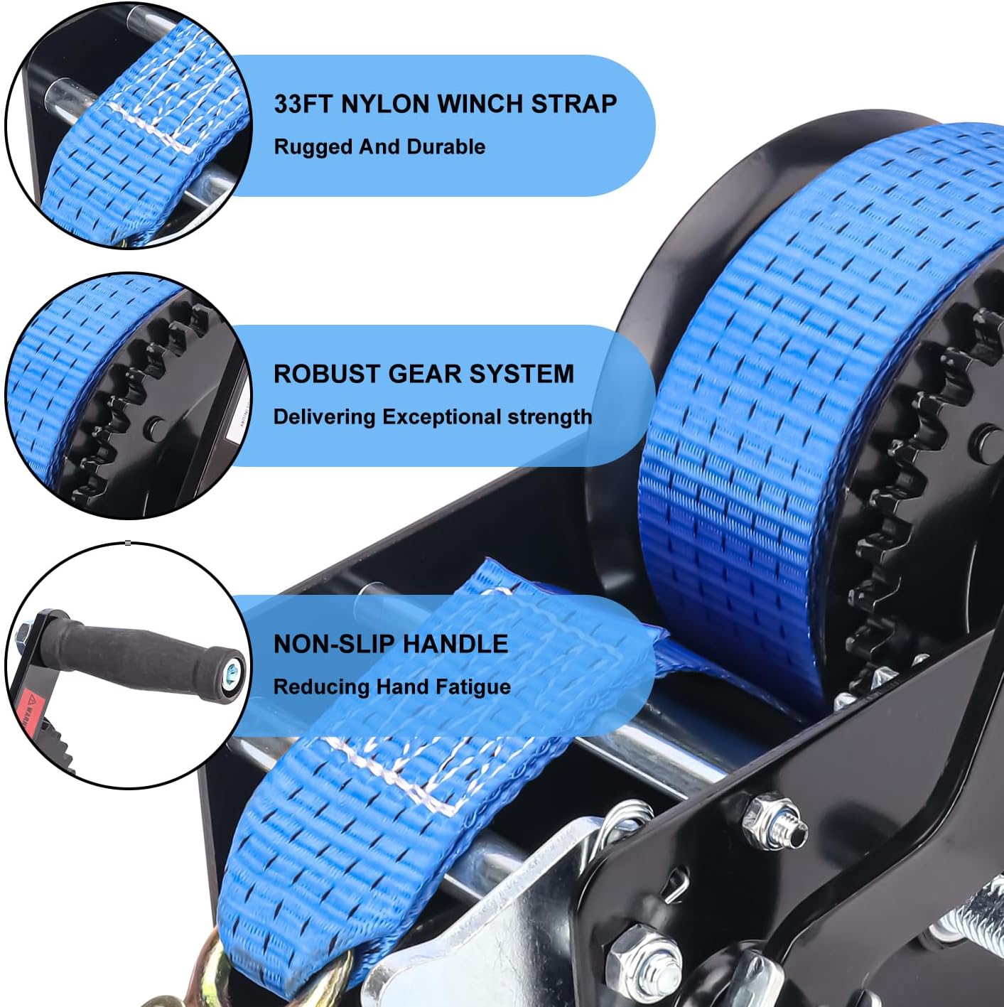 3500 LBS Boat Towing Winches with 33FT Blue Strap, 4:1/8:1 Gear Trailer Winch for Boats, Heavy Duty Hand Crank Boat Towing Winch, Ideal for Boat Trailer, Jet Ski, RV, and ATV