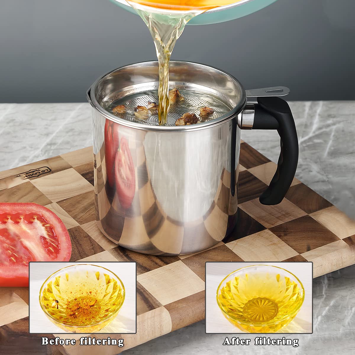 Berglander contenitore per grasso di pancetta con filtro 1.4L, contenitore per olio e grasso di cottura in acciaio inossidabile con coperchio per antipolvere