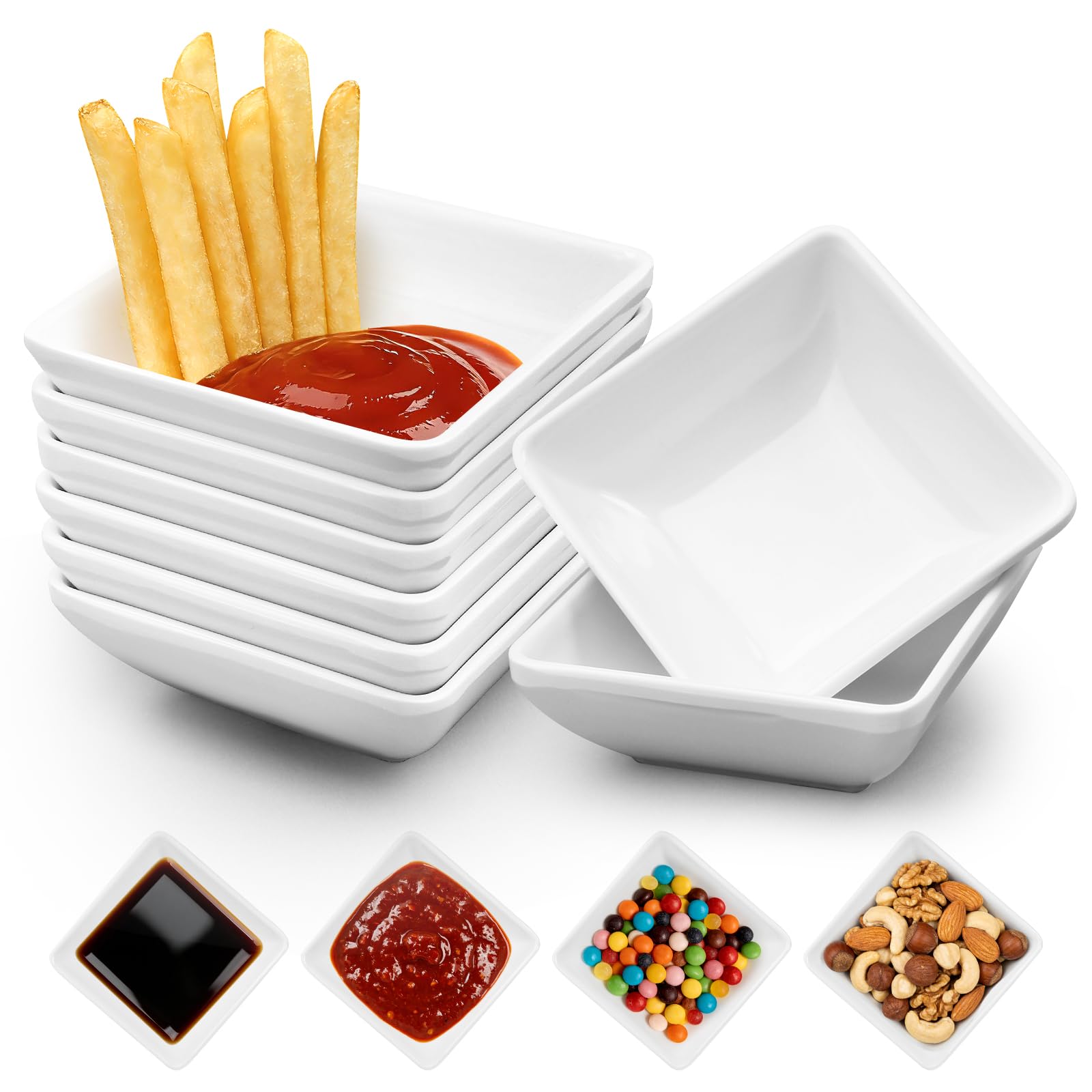 QINGHEC 8 Pcs Square Dipping Bowls, White Soy Sauce Dishes 7.3cm, Small Bowls, Spice Bowls,Dishwasher Safe, Mini Side Seasoning Dish, Snack Bowls for Seasoning Ketchup Sushi Dip BBQ Tapas