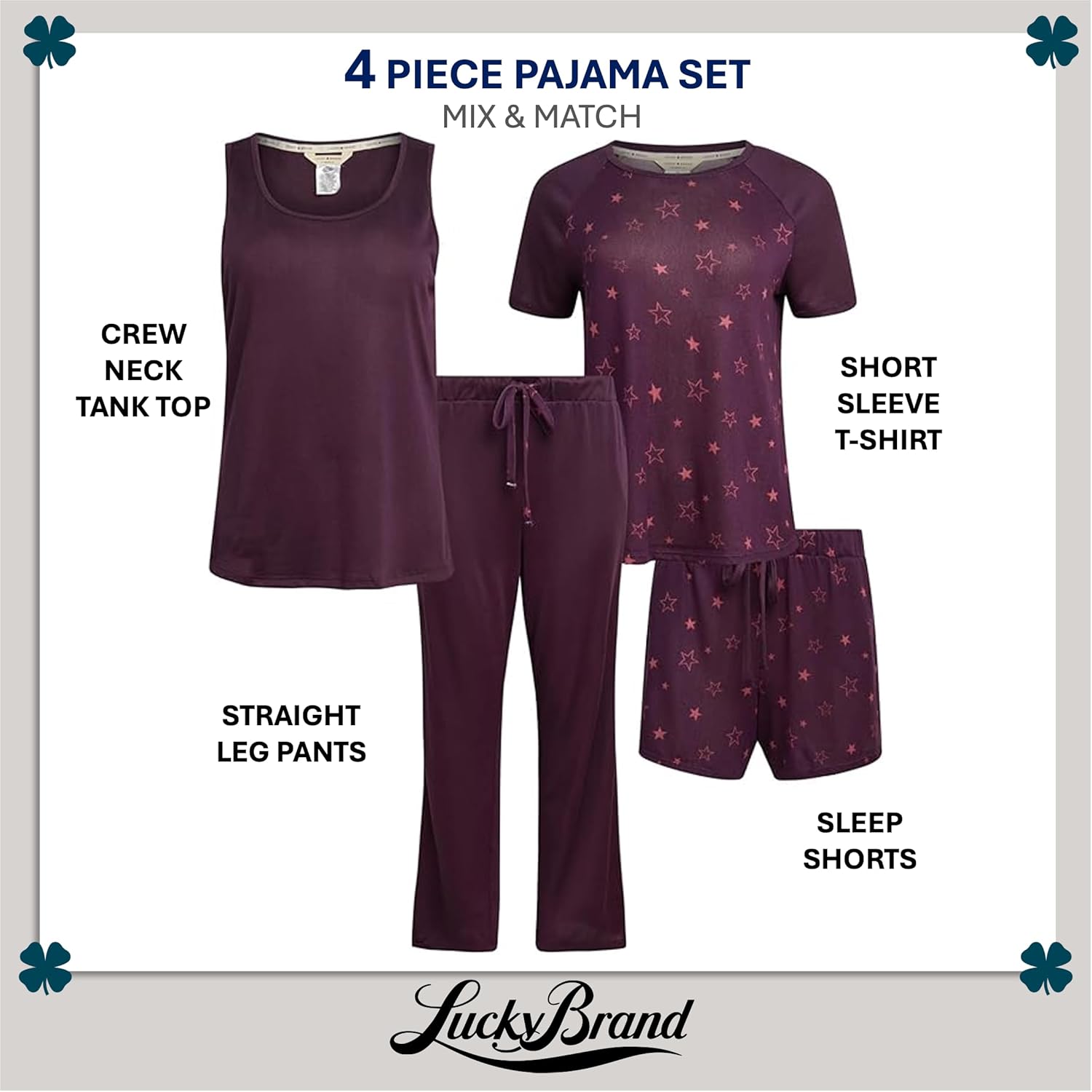 Lucky Brand Women's Pajama Set - 4 Piece Sleep Shirt, Tank Top, Pajama Pants, Lounge Shorts (S-XL) - Image 2