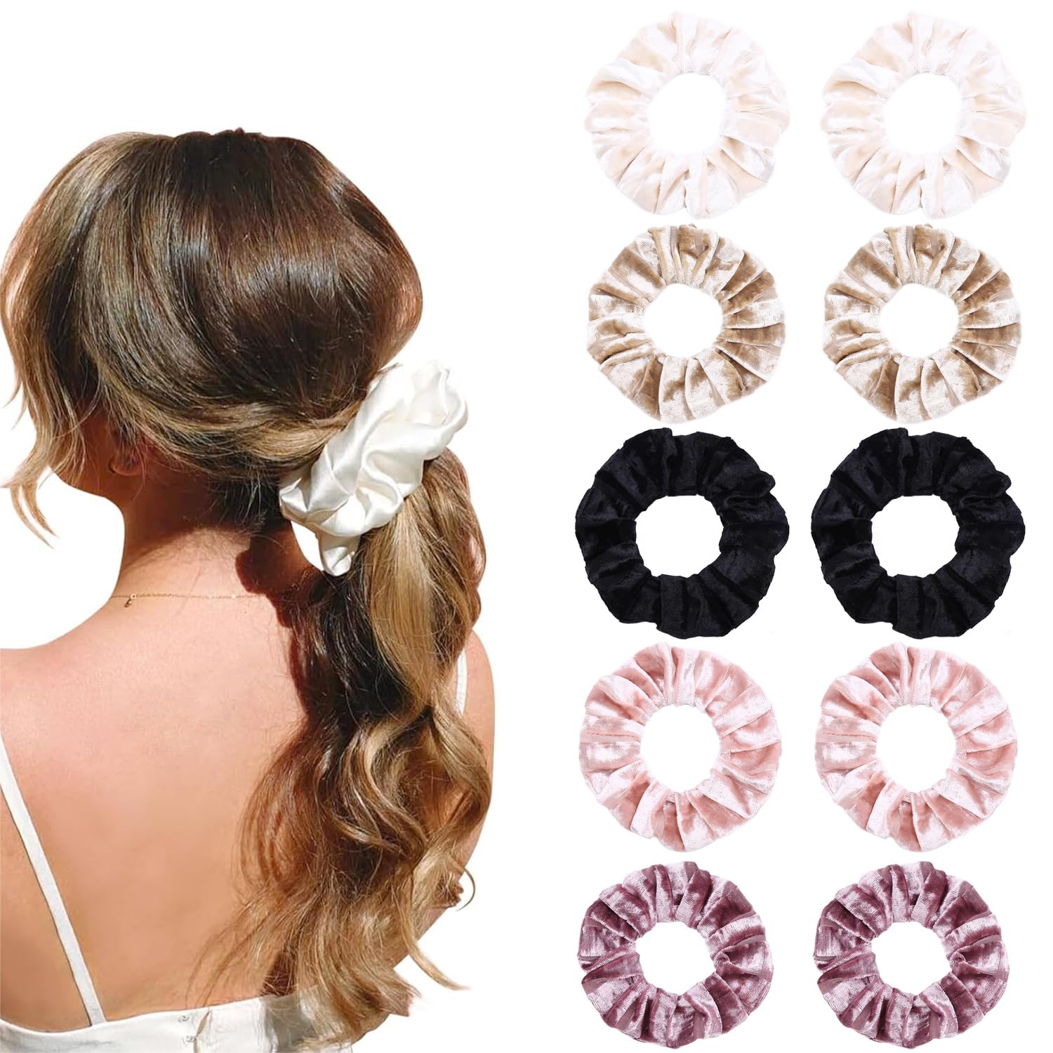 STAYOUNG 10 Pack Scrunchies - Soft Satin Scrunchy, Big Sleep Tie Scrunchie for Sleeping, Solid Color Traceless Hair Ties for Girls, for Thick Thin Fine Curly Hair