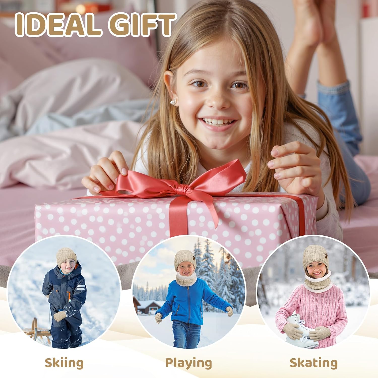 YSense 3 Pcs Kids Winter Beanie Hat Scarf Gloves Set Thick Knit Warm Fleece Fuzzy Lined Beanie Caps Mittens for Boys Girls - Image 6