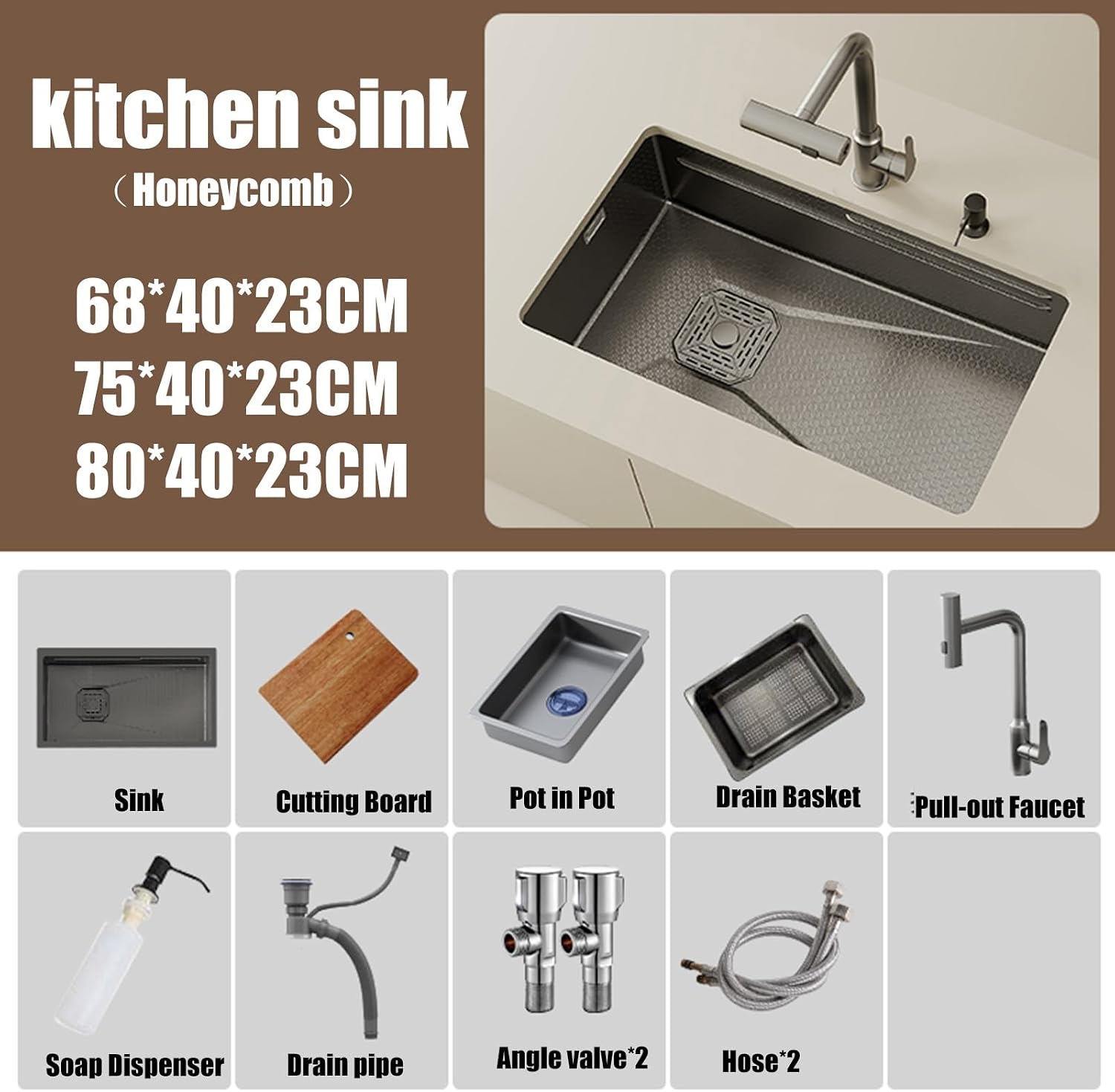 Kitchen Sink Square Digital Display Waterfall Tap Single Large Built-in Soap Dispenser for Sink Nano Handmade 304 Stainless Steel,C-68 * 40cm