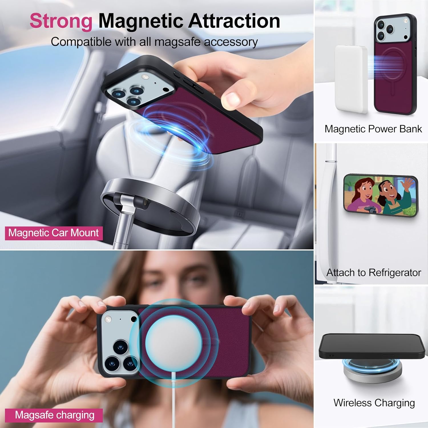 Magnetic Case for iPhone 17 Pro Wallet Compatible with Magsafe RFID Blocking Card Holder Detachable Phone Cover Kickstand Snap Strap Zipper Pocket PU Leather 6.3 inch (Burgundy)