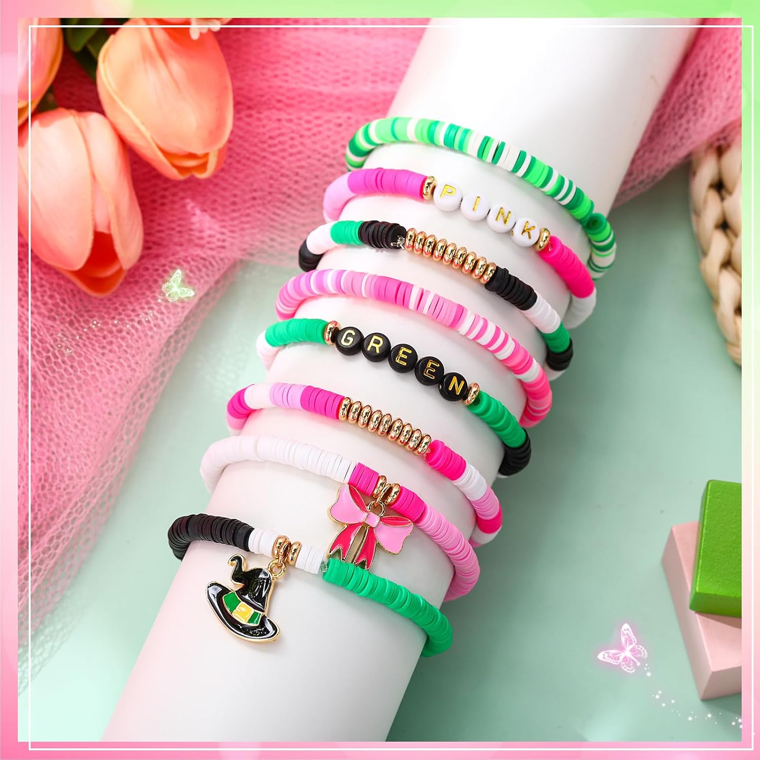 8 Pcs Witch Friendship Bracelets Adjustable Green Pink Braided Matching Bracelet with Witch Hat Pink Bow Movie Merchandise Gift BFF Couples Accessories for Fans Party Favors Dress Decor - Image 4