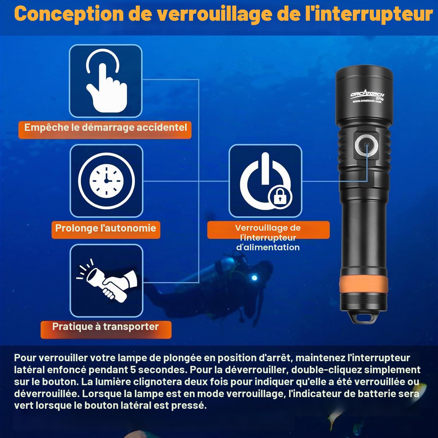 ORCATORCH D710 Lampe de poche sous-marine 3000 lumens avec faisceau étroit de 6 degrés, IP68 étanche avec indicateur de batterie (nuar)