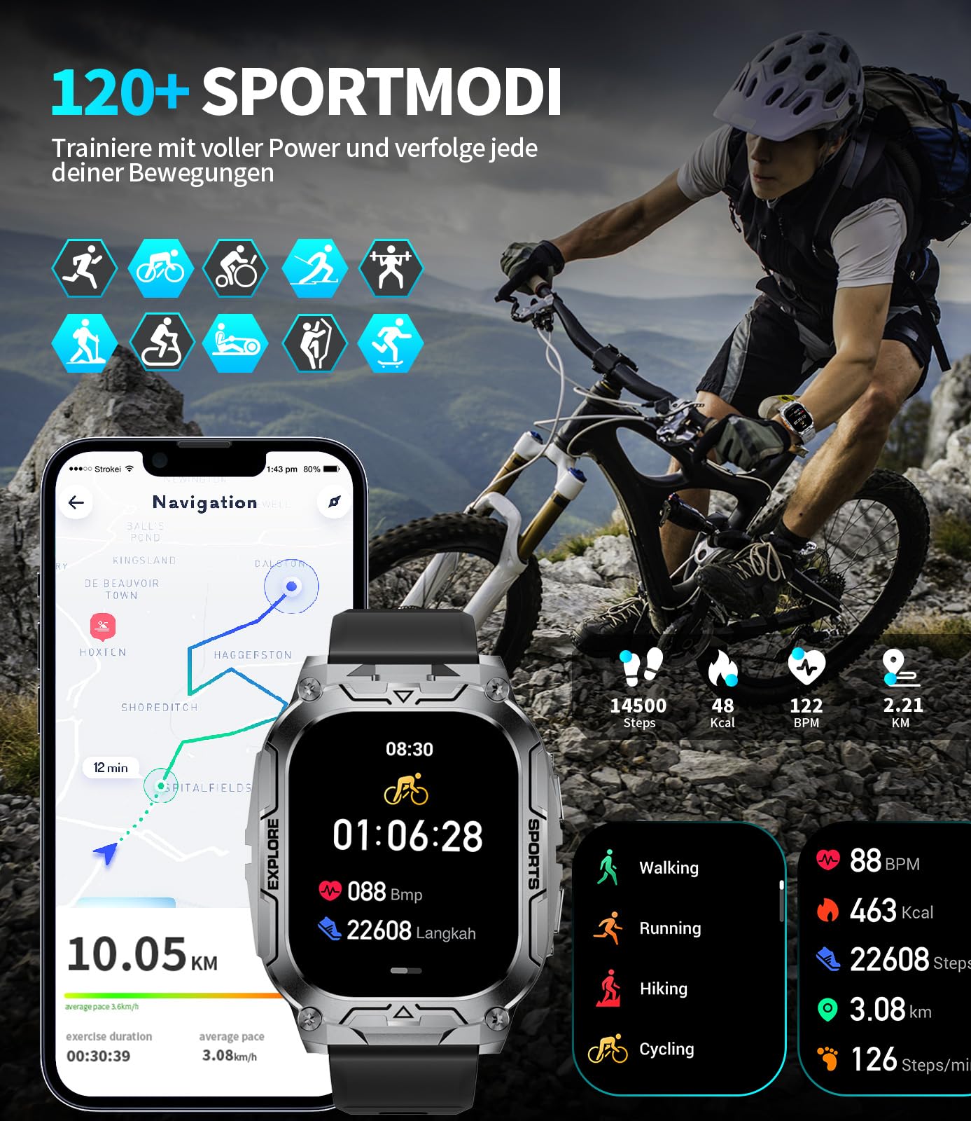 Smartwatch Herren Militär-1000mAh/2.01'' HD Große Display/LED-Licht,2 Armbändern/Fitnessuhrmit Taschenlampe/120+ Sportmodi,Fitnessuhr mit Herzfrequenz/Schlafmonitor,für Android iOS, Schwarz