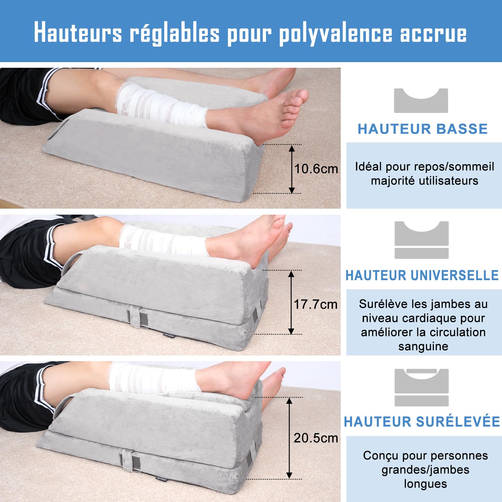 Coussins Relève-Jambes réglable en 4 hauteurs, Idéal après une Chirurgie, pour Blessures ou Détente, Mousse Mémoire Orthopédique, Doté de 3 Poignées et d'un Insert Amovible, Housse en Velours Lavable