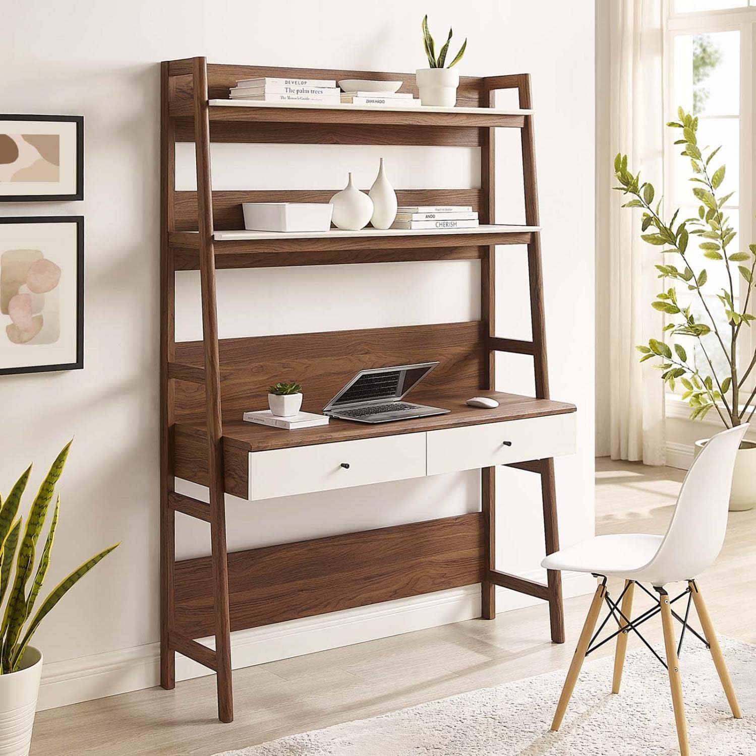 Modway Bixby Home Office Desk with Bookshelf in Walnut White EEI-6073-WAL-WHI