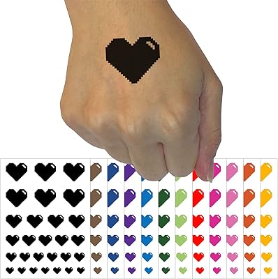 Pixel Digital Filled Heart Gaming Life Temporary Tattoo Water Resistant Fake Body Art Set Collection - White (One Sheet)