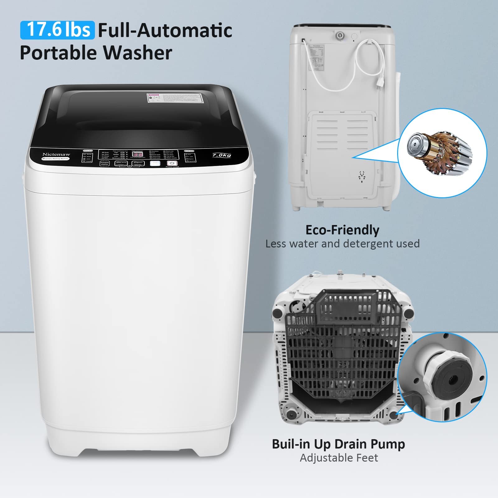 Qhomic Washing Machine, 17.8 lb. Capacity Fully Automatic Washer and Dryer Combo, Energy Efficient Portable Washing Machine with Clear Lid/LED Display