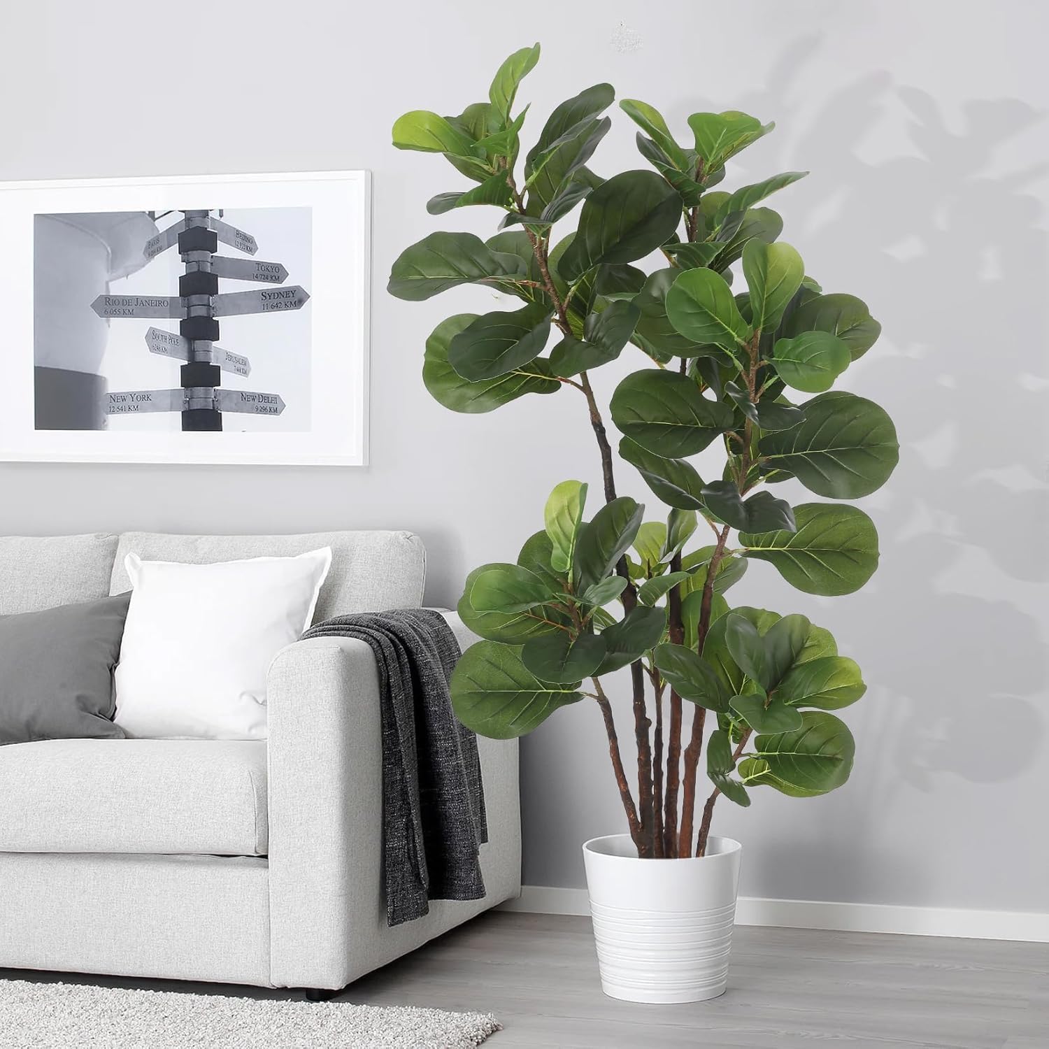 2 PCS Artificial Fiddle Leaf Fig Tree 120cm, Faux Ficus Lyrata Plant in Cement Pot