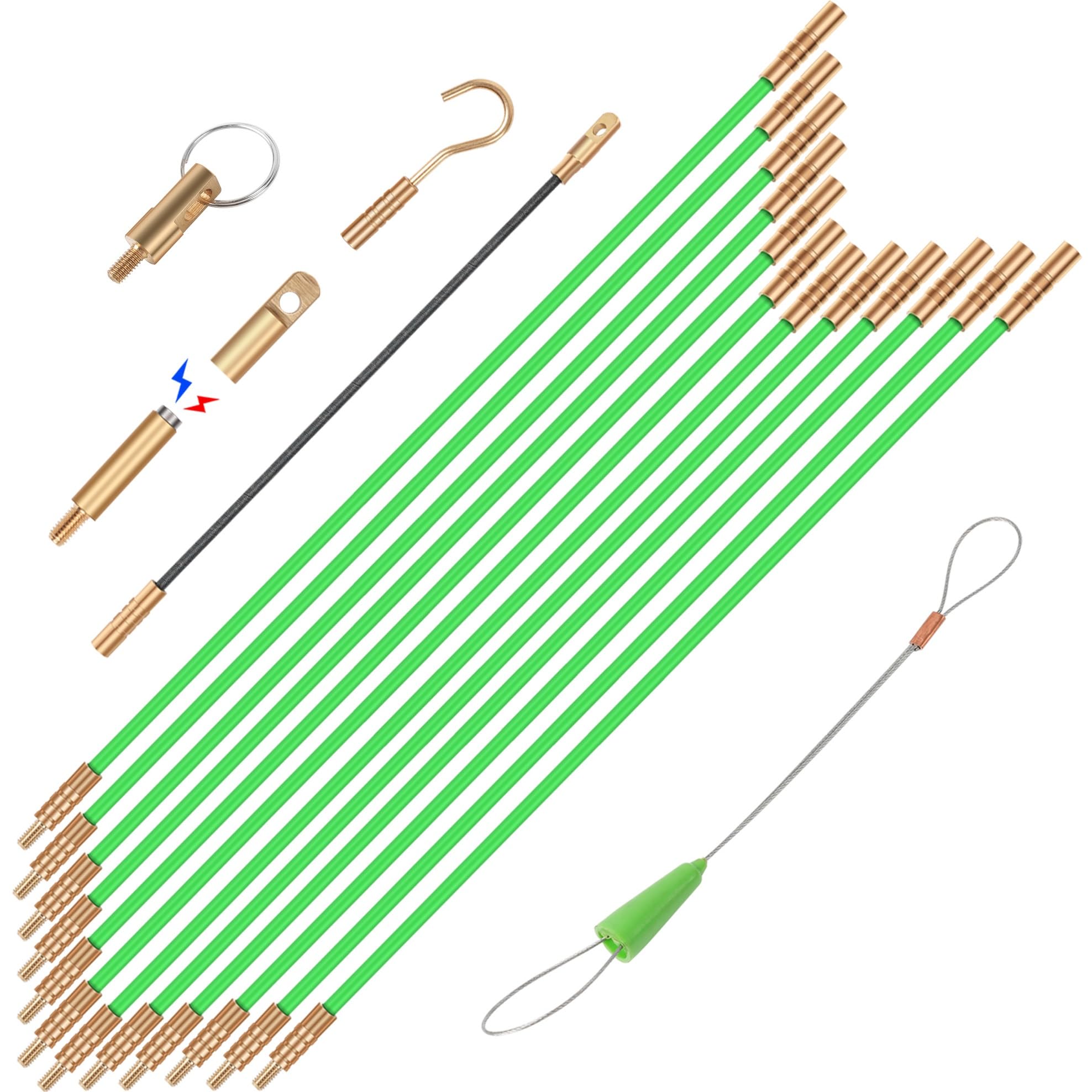 16.8FT Fiberglass Running Electrical Wire Cable Glow Rods Wire Pulling, Fish Rods Electrical Kit with 6 Different Attachments and Fish Tape Wire Puller Kit