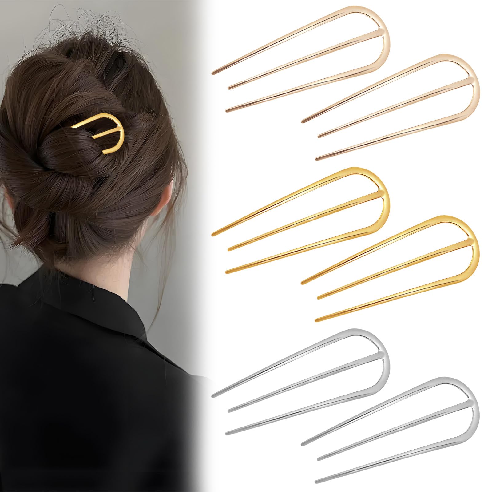 6Pcs Secure Hold Hair Pins, Gold French Hair Sticks for Women, 3-Prong Alloy Hairpins for Updos, Buns & French Twist, Prestige HairPins for Wedding, Bridal & Daily Use, Secure Hold