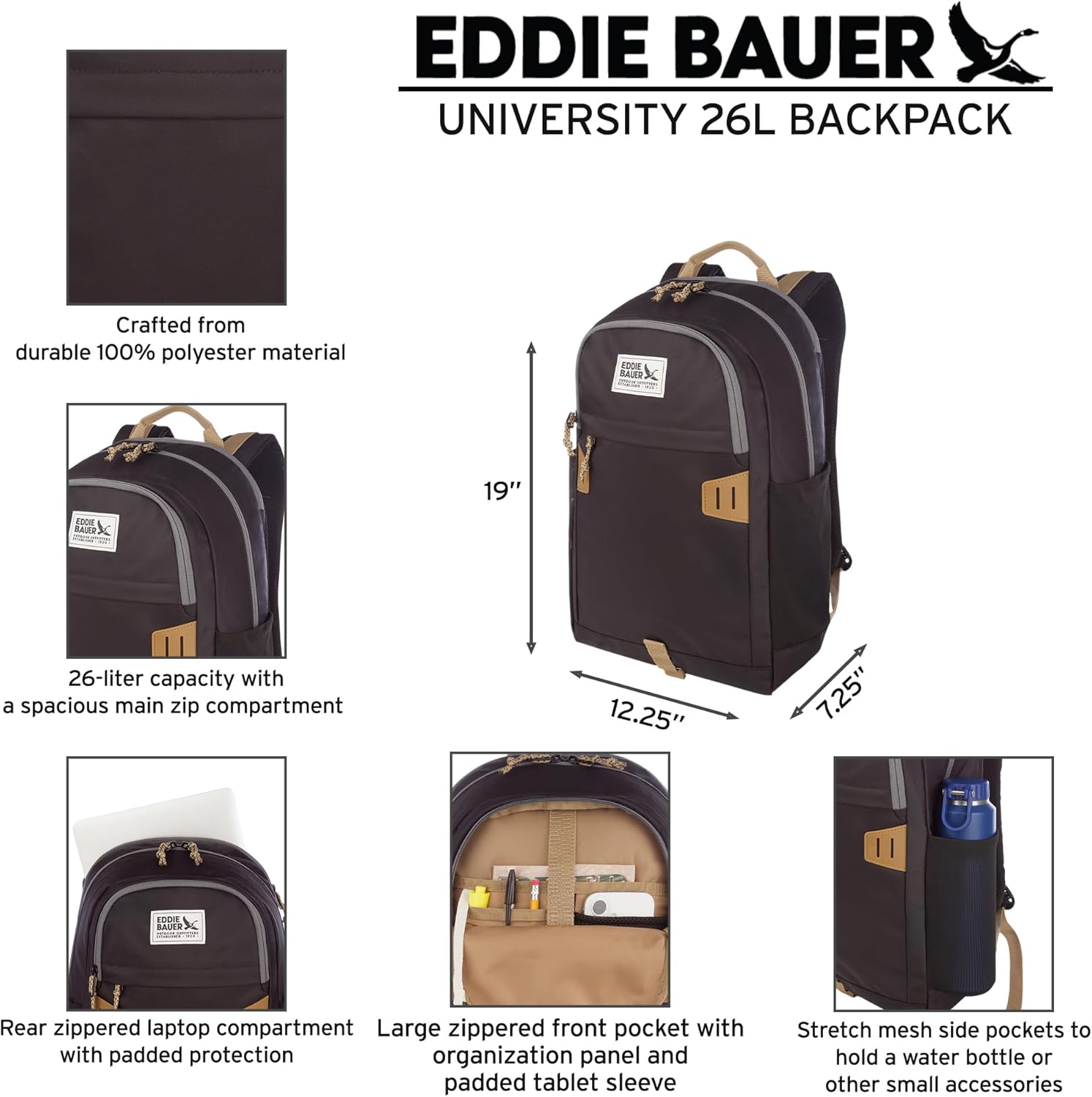 Eddie Bauer University Backpack 26L | Everyday Carry | Work | Travel | Commuter | Padded Laptop Sleeve | Stretch Bottle Pockets | Lightweight | Durable - Field Gold - Image 2