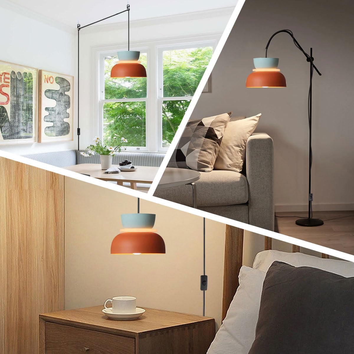 Plug in Ceiling Pendant Light Macaron Pendant Lights with 14.7 ft Plug-in Cord On/Off Switch, Nordic Modern Light Fixture Barn Shade Colorful Chandelier for Kitchen Island (Blue/Orange)