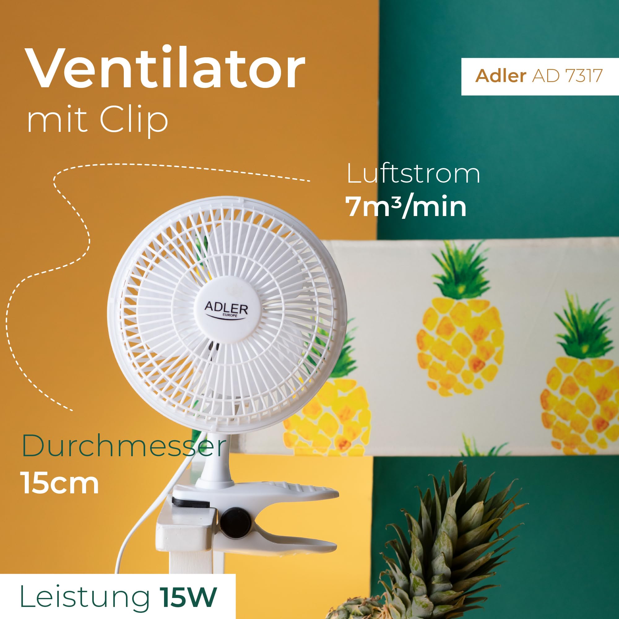 Adler AD 7317 Wentylator 15 cm z klipsem i podstawą, wielokolorowy, jeden rozmiar