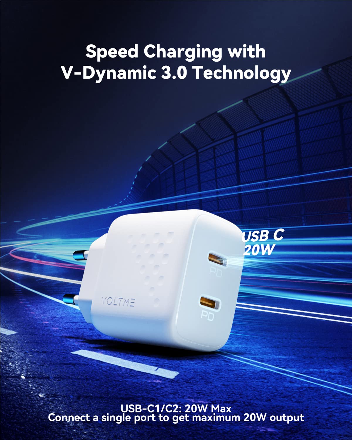VOLTME Caricatore USB C 20W Doppio Port Compatibile con iPhone 14/13, Caricatore Tipo-C Muro Rapida PD3.0 PPS Bianco USB-C Alimentatori Adatto per Xiaomi/Pixel/Galaxy e altri dispositivi usb-c