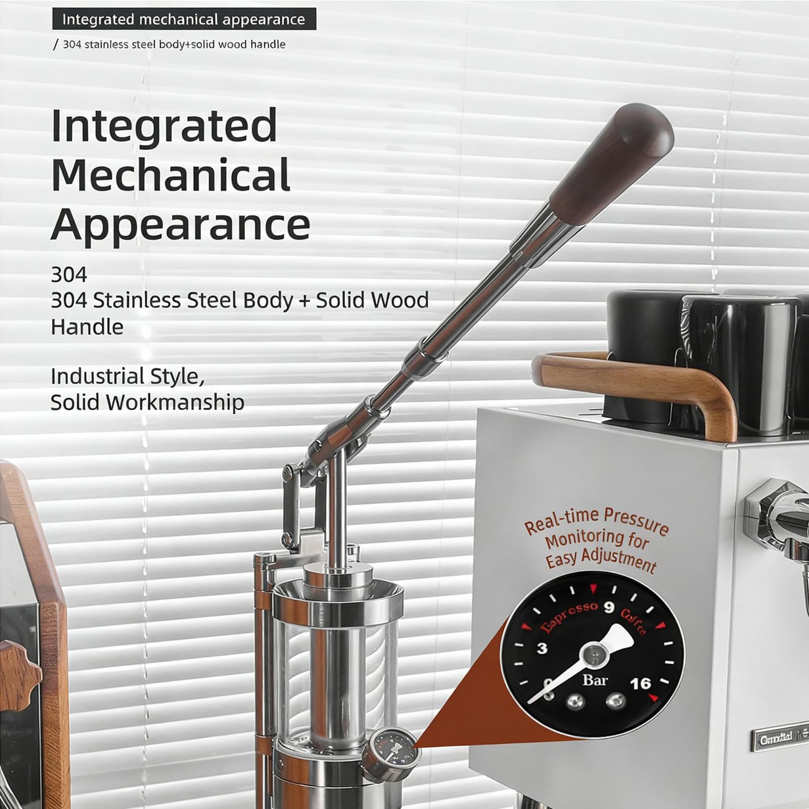 Cafetera portátil de palanca manual de acero inoxidable prensado a mano con presión de 1 a 16 bar, mango de madera maciza, portafiltro de 58 mm para capuchino, café con leche y macchiato