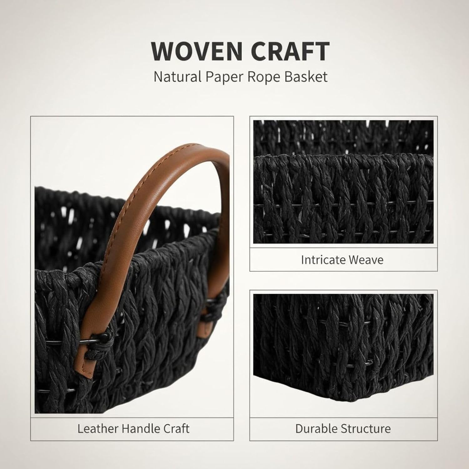 12.6 X 7.9 X 3.9 in Wicker Storage Basket, Decorative Organizer Baskets with Leather Handles, Black Paper Rope Woven Bin for Table Shelf Coffee Table