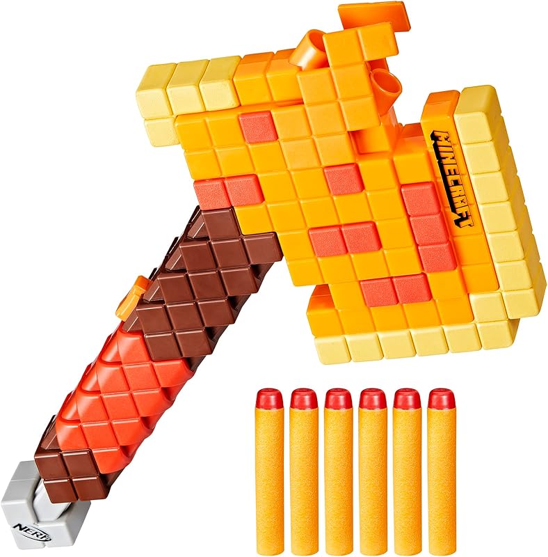NERF Minecraft Firebrand, hacha explosiva de dardos, 6 dardos de espuma Elite, diseño inspirado en el hacha de Minecraft del juego, cebado desplegable, juguetes de Minecraft