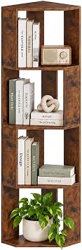4 Tier Corner Bookshelf, Narrow Brown Bookcase with Open Shelves