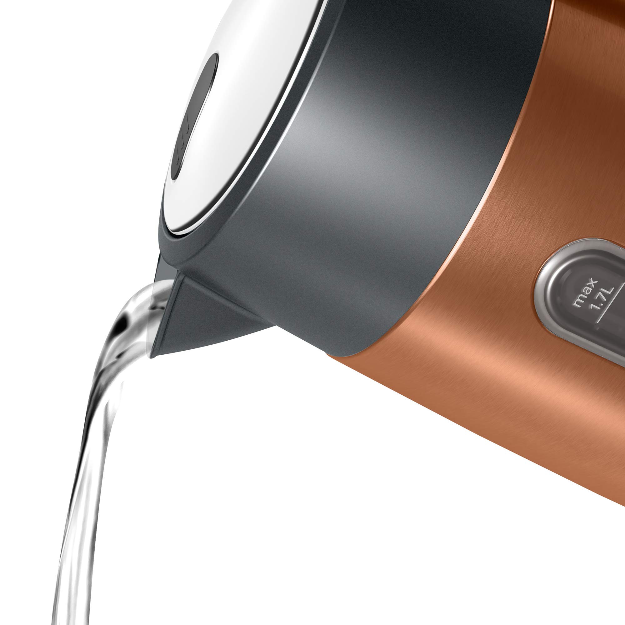 Bosch kabelloser Wasserkocher DesignLine TWK4P439, Ausgießen ohne Spritzer, Tassenanzeige, Wasserstandsanzeige beidseitig, Überhitzungsschutz, 1,7 L, 2400 W, kupfer