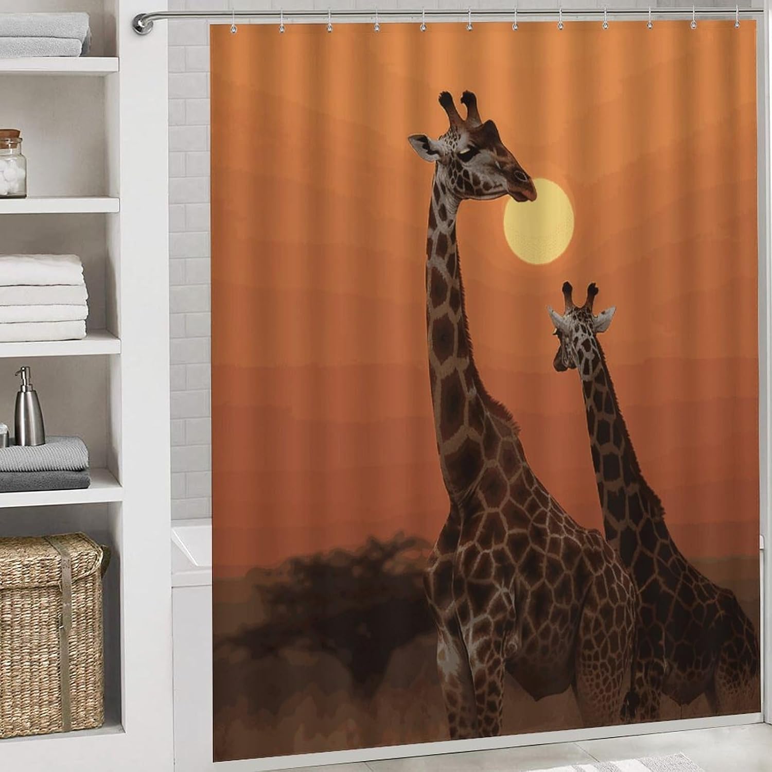 Giraffe at Sunset Shower Curtains Set 4 Piece with Non-Slip Rugs, Toilet Lid Cover and Bath Mat Soft Bathroom Carpet Waterproof Bathroom Curtain with 12 Hooks for Bathroom Decor