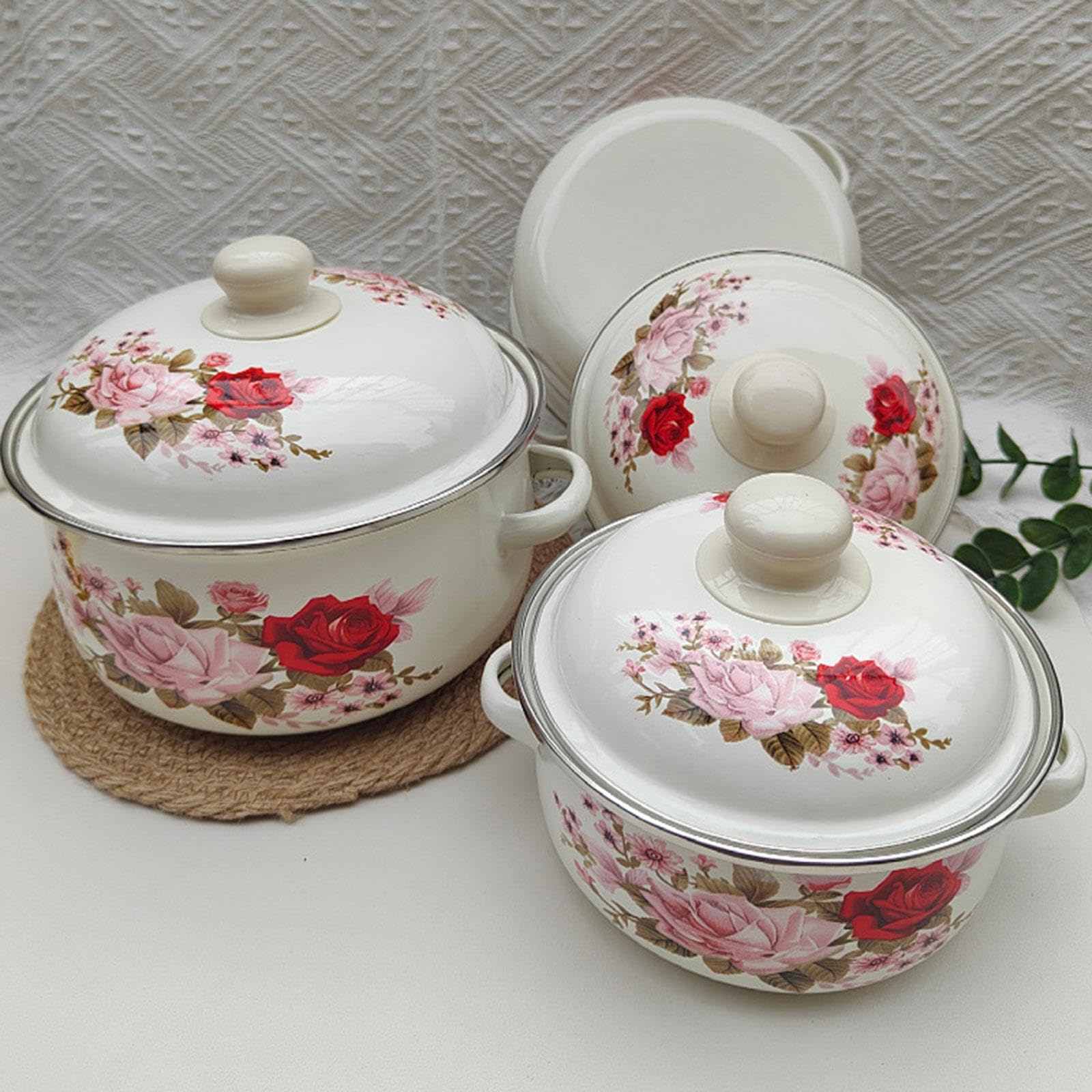 3 Emaille Suppentopf Set mit Deckel Und Zwei Griffen Gleichmäßige Wärmeverteilung für Milch Nudeln Und Babynahrung für Haushalt, Style A
