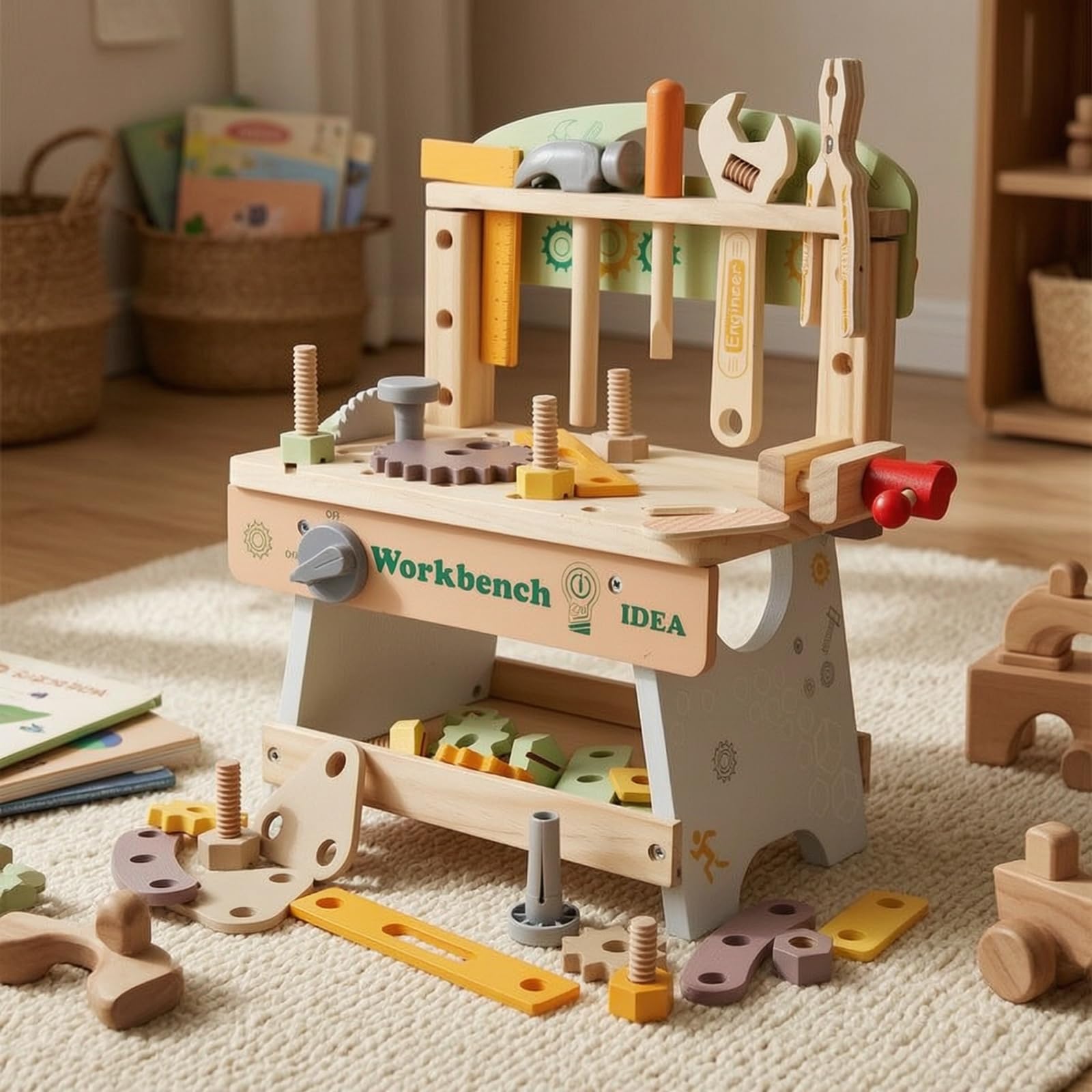 Banco da Lavoro Giocattolo Creativo Banco da Lavoro in Legno Sicuro Gioco per Bambini, Spazio Giochi