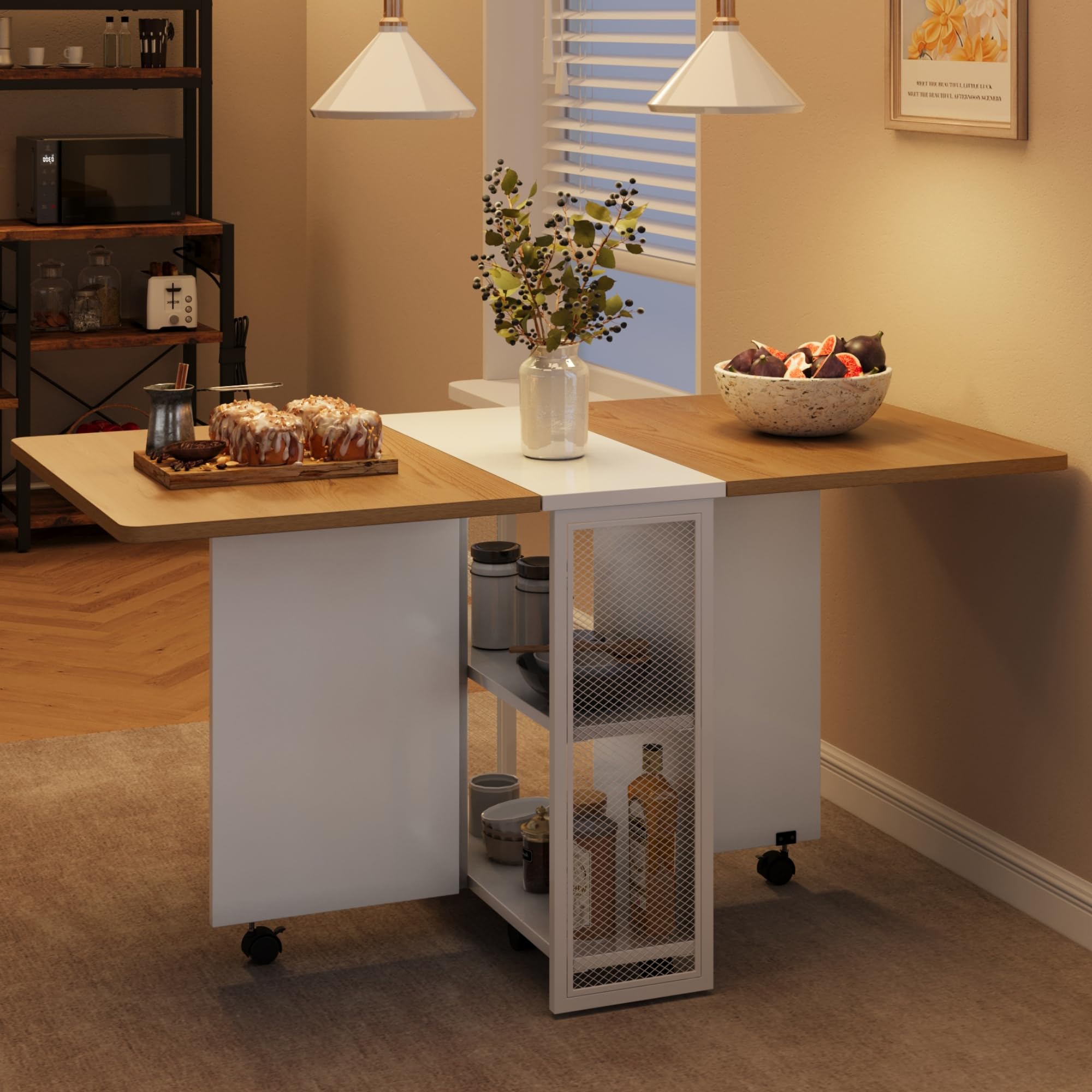 IDEALHOUSE Space Saving Folding Dining Table With 2-Tier Storage - Extendable Drop Leaf Kitchen Table For 4