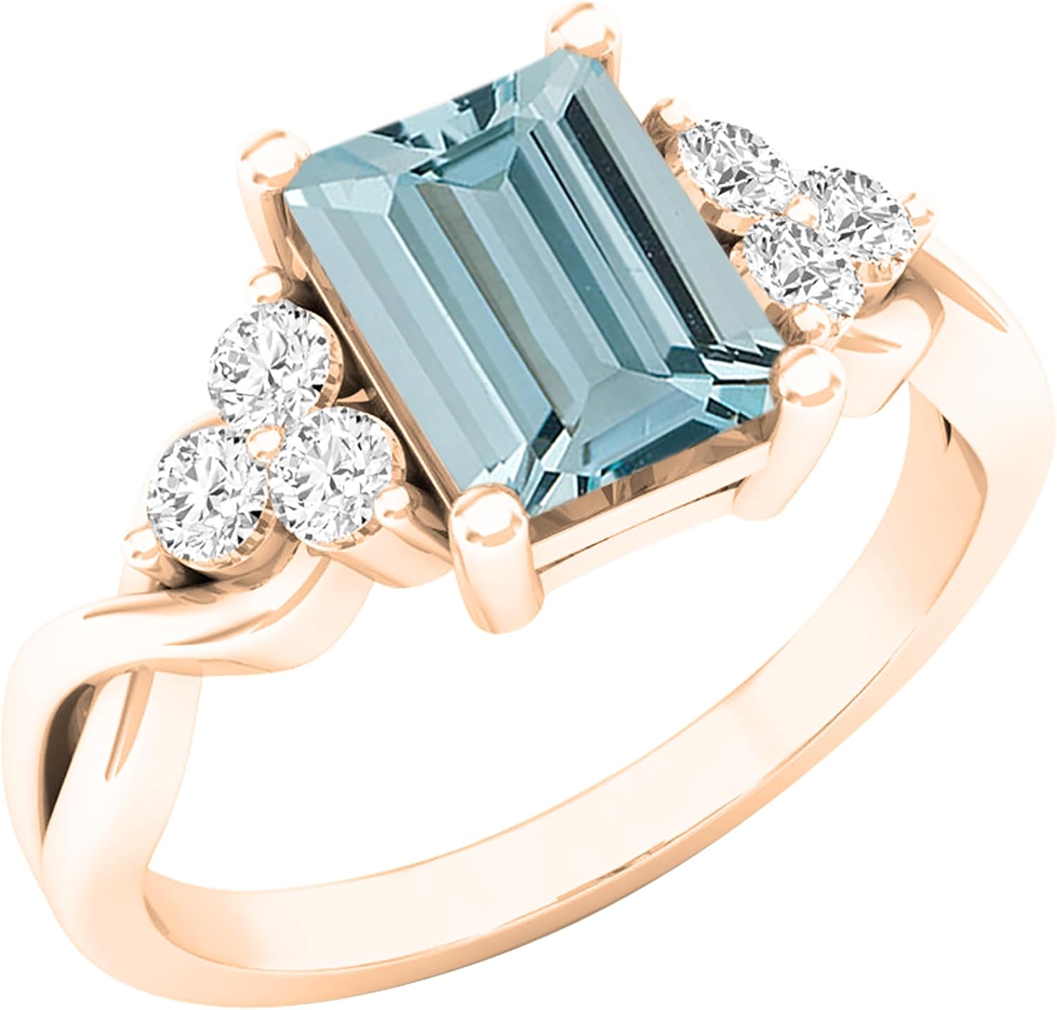 Dazzlingrock Collection Valentine's Day Gift 8x6mm Emerald Cut Aquamarine & Round White Natural Diamond Twisted Engagement Ring for Women in 10K Real Solid Gold