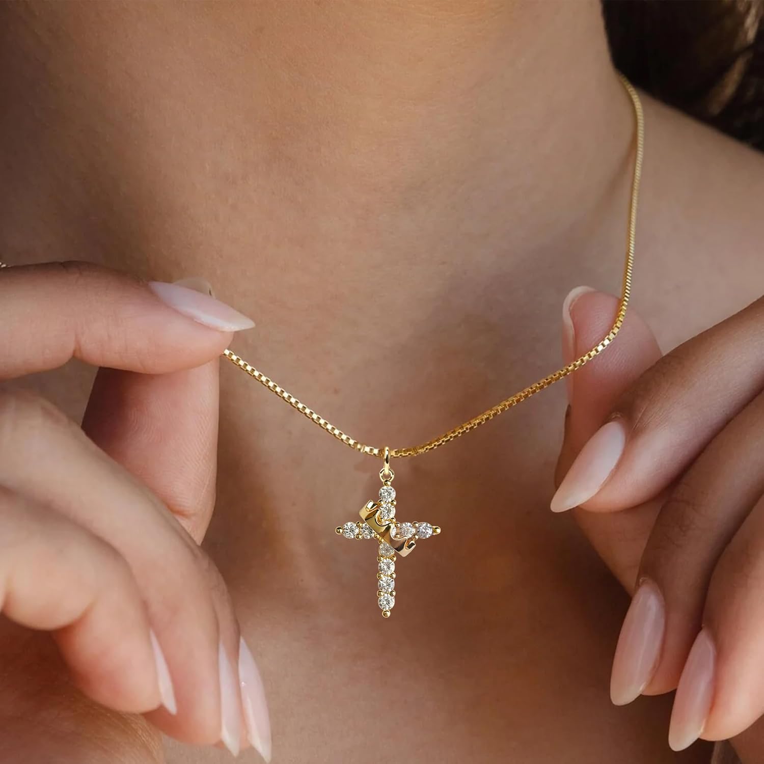 Crown Cross Necklace for Women, 14K Gold Silver Cubic Zirconia Crown Cross Necklace, Diamond Gold Silver Cross Necklaces, Dainty Cross Faith Simple Trendy Charm Jewelry Gift for Women - Image 3