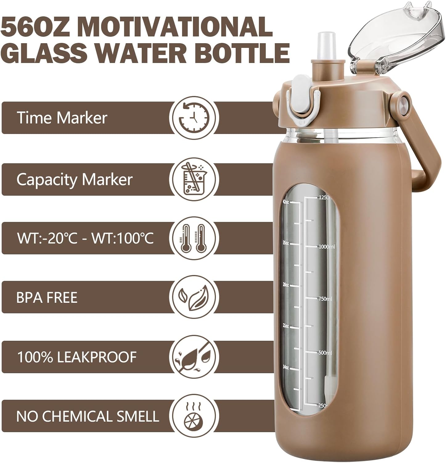 kytffu 56oz Glass Water Bottles with Straw, Motivational Glass Bottle with Silicone Sleeve and Time Marker, Leakproof Large Glass Water Jug for Gym Home Office,Amber - Image 2