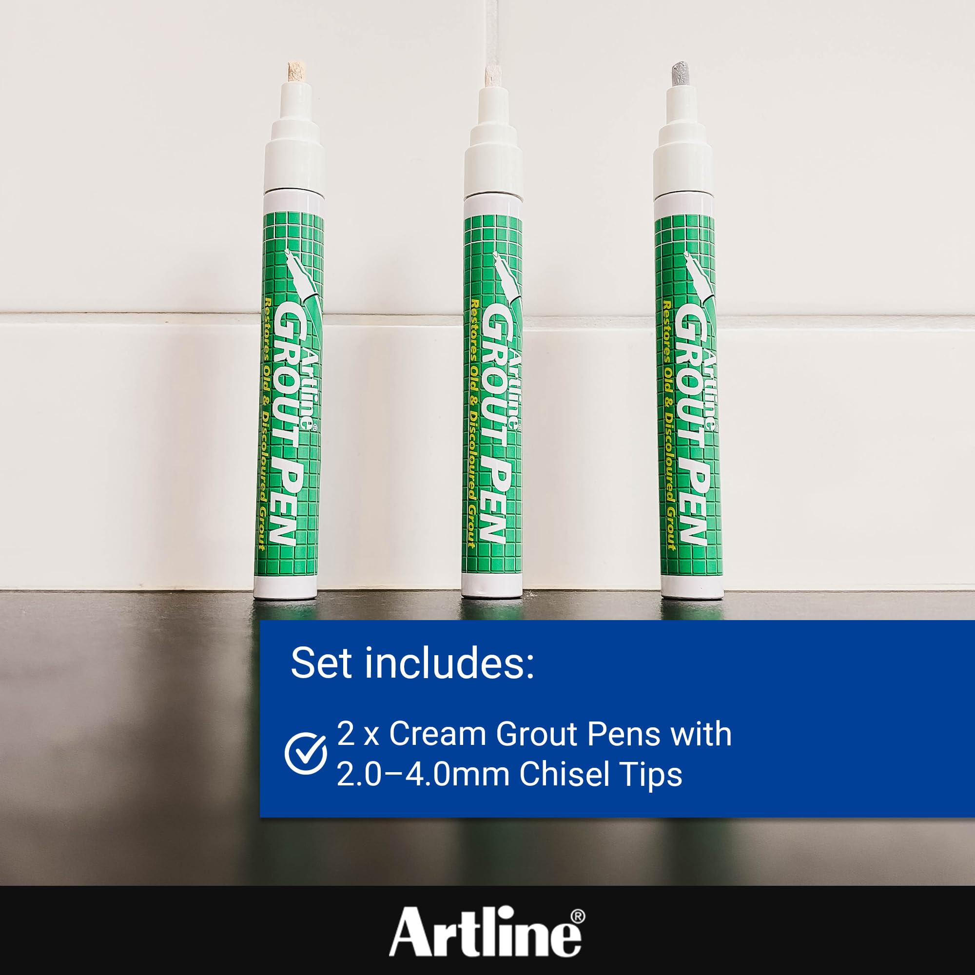 Artline Pack of 2 Cream Grout Pens for Restoring Old & Discoloured Tile Grout, Permanent, Quick-Dry, Waterproof Ink - Image 3