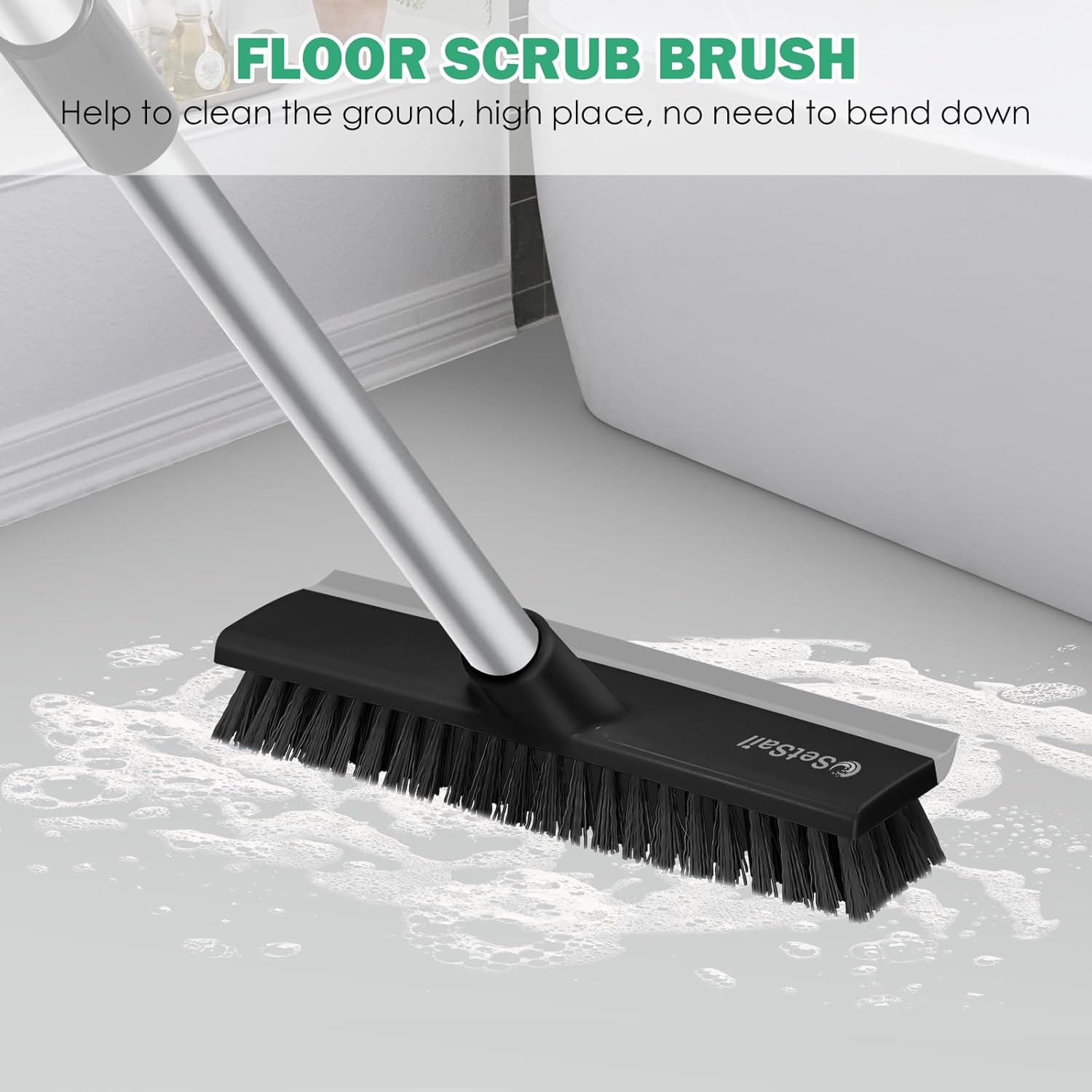 SetSail Floor Scrub Brush with 51-Inch Long Adjustable Handle 2 in 1 Scrape Brush Stiff Bristle Floor Scrubber for Cleaning Shower Bathroom Garage Kitchen Wall Deck Tub Tile, Black