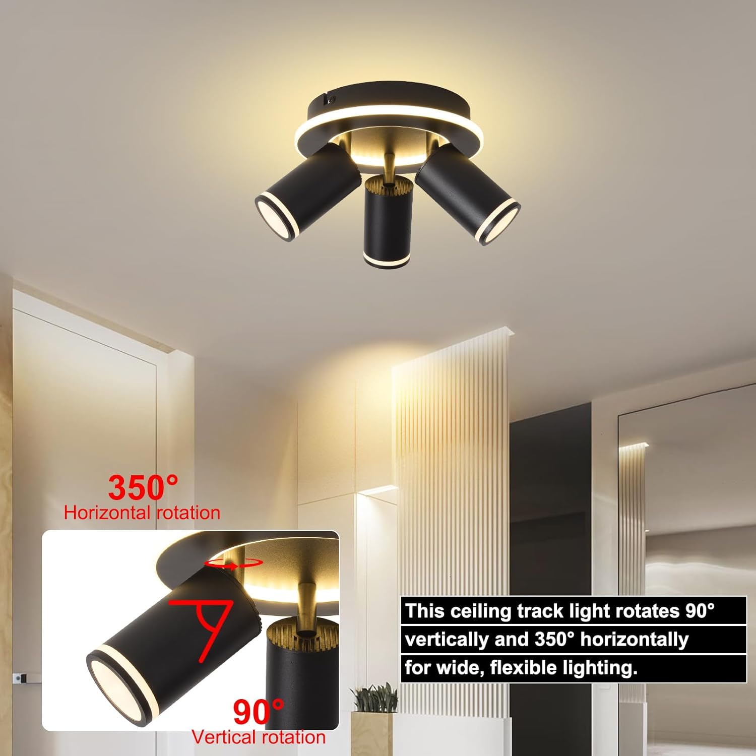 LED 3 Light Track Lighting Kit, Black Round Ceiling Spot Lighting Fixture with Flexibly Rotatable Heads, Modern Spotlight for Kitchen, Living Room, Bedroom, Dual Lighting Design,Includes 3 x GU10 Bulb