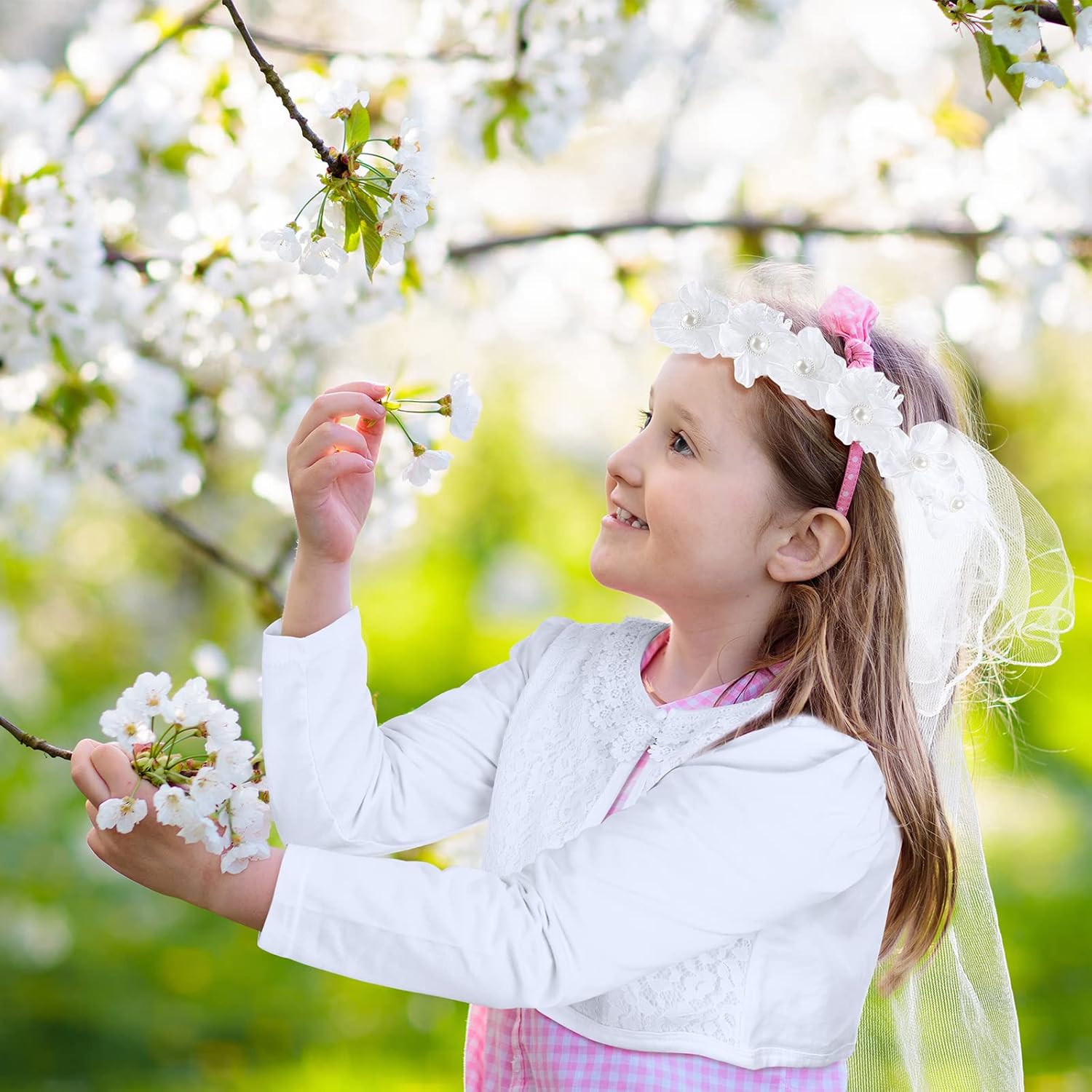 Miniatura 3 de Conjunto de 3 piezas de primera comunión para niñas, cárdigan blanco con velo de primera comunión, guantes de satén blancos con cuentas cruzadas