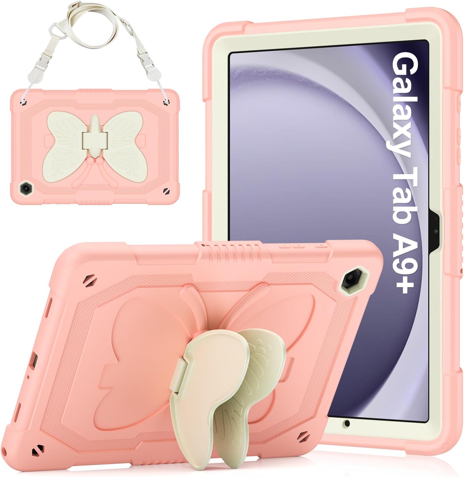 Case for Samsung Galaxy Tab A9+/A9 Plus 11 inch 2023, Protective Cover for Galaxy Tab A9+ Tablet Kids Girls with Shoulder Strap, Butterfly Kickstand, Heave Duty Shockproof Protective - Pink