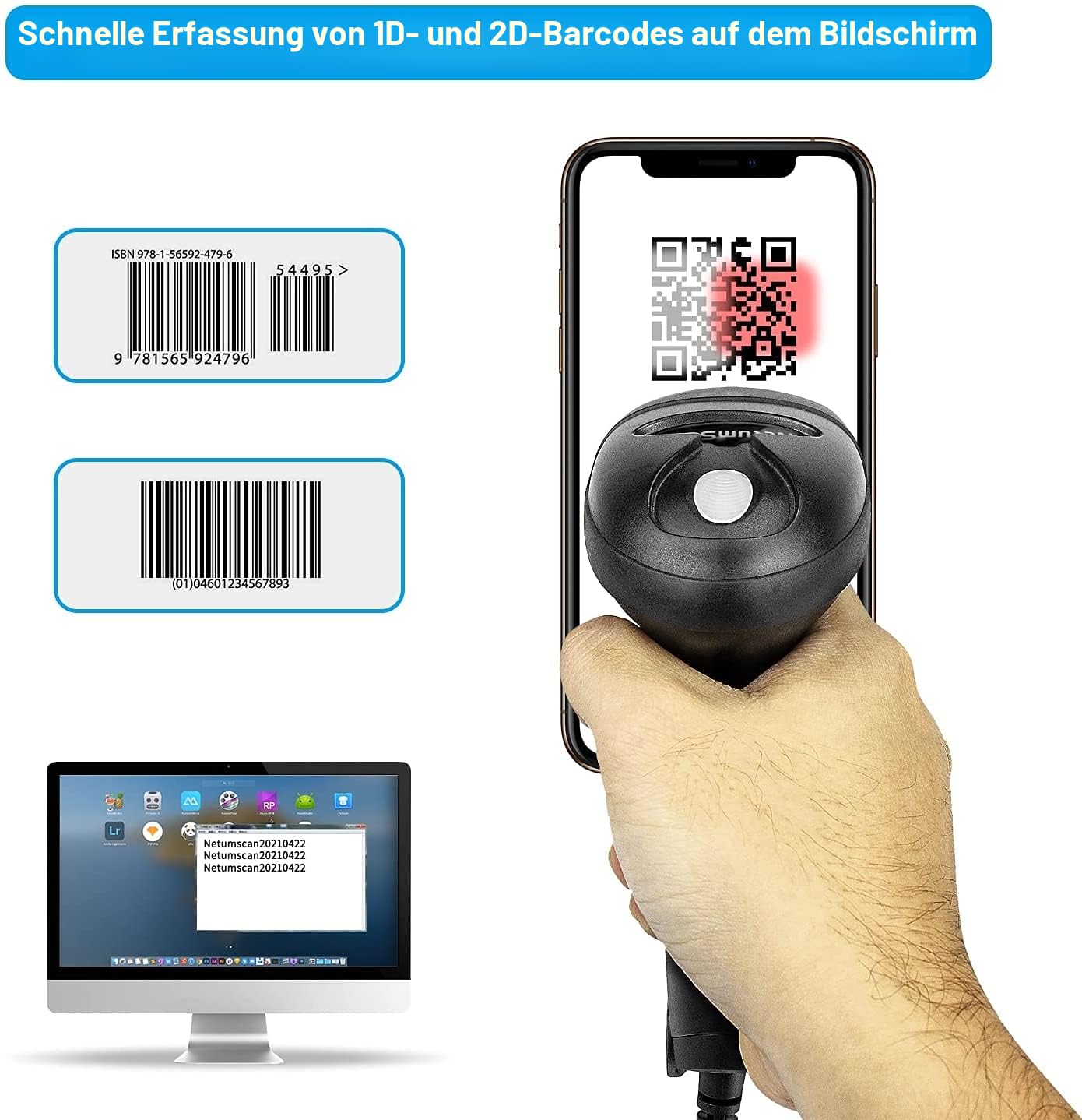 NetumScan 2D-Barcode Scanner - Tragbarer QR-Barcode-Leser/Bildwandler (PDF417, QR, Data Matrix) mit USB-Kabel für PC, Mac, Laptop, NSL5