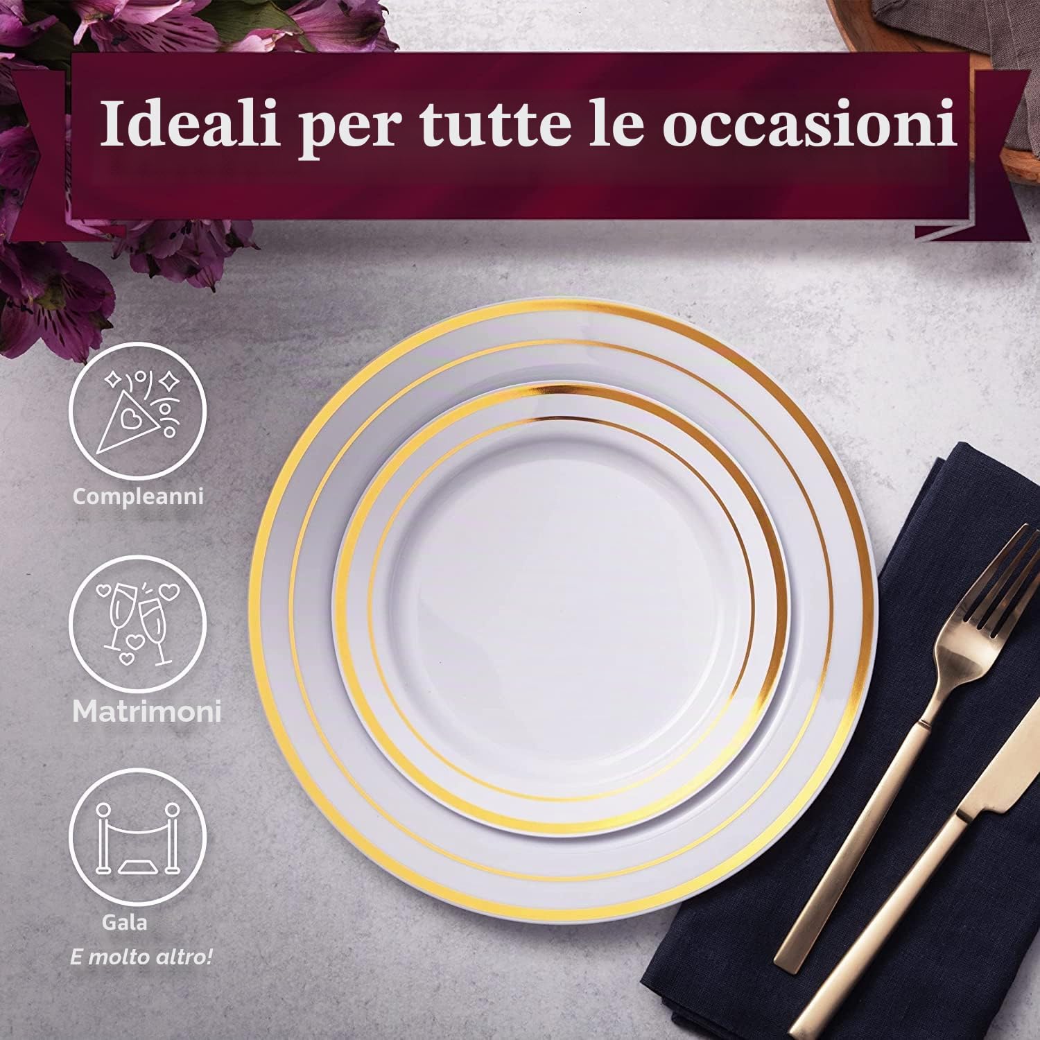 LATERN 60 Pezzi Stoviglie in Plastica Dorata, 30 Piatti Piani da 26cm + 30 Piatti per Insalata da 19cm, Piatti di Plastica Riutilizzabili per Festa di Dessert Giardino Anniversario Matrimonio
